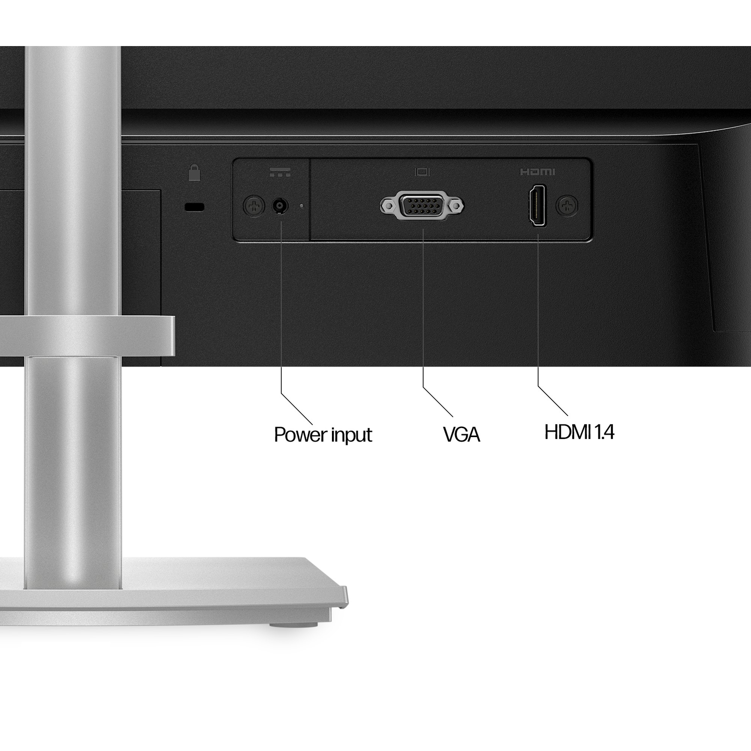 Rear view of a black monitor with ports for power, VGA, and HDMI.