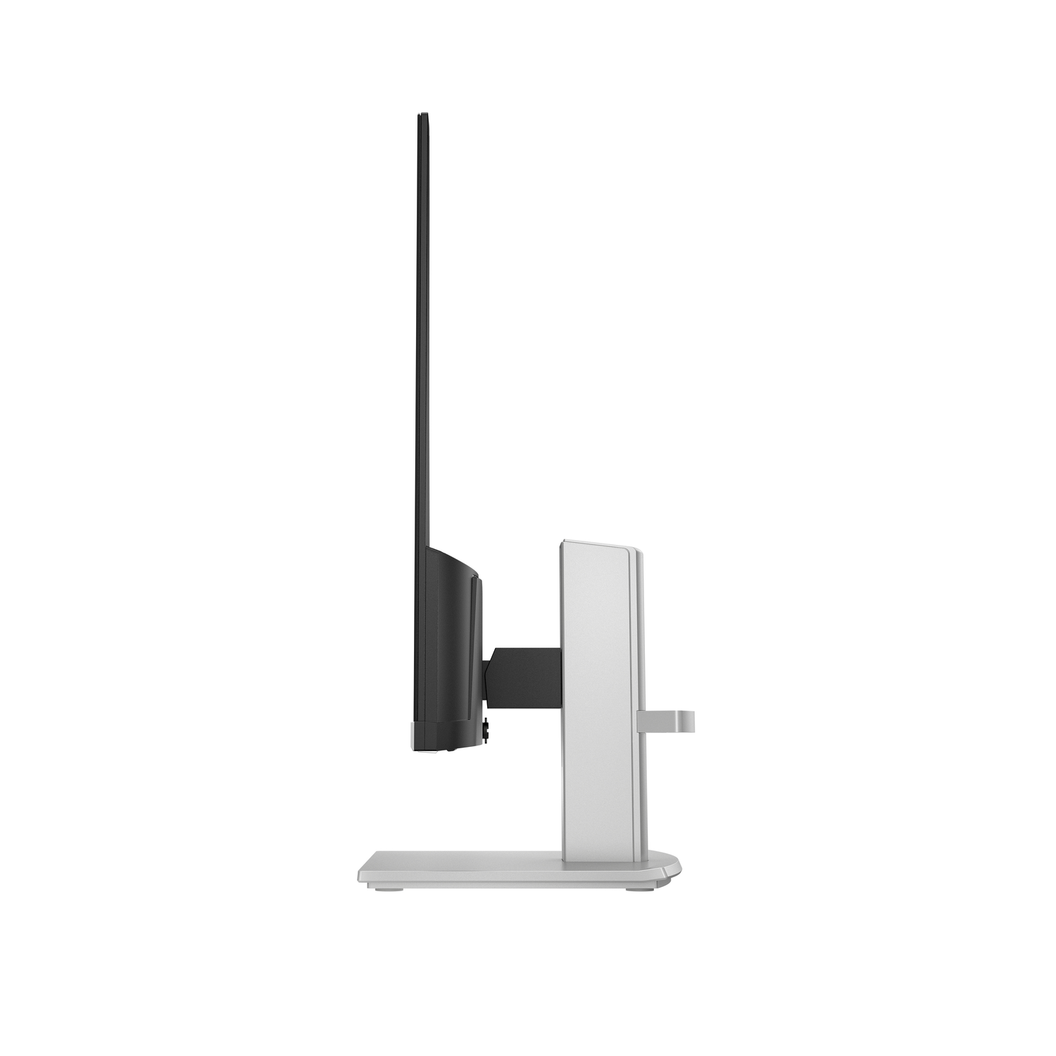 Side view of a monitor with a black screen, white stand, and a black frame.