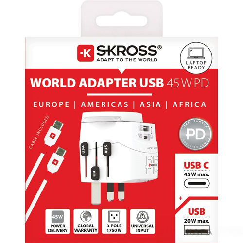 Világadapter USB töltő több dugóval és USB porttal, piros-fehér háttéren.