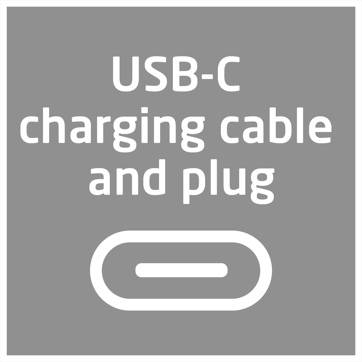 Graues Quadrat mit weißem Text: USB-C-Ladekabel und Stecker.