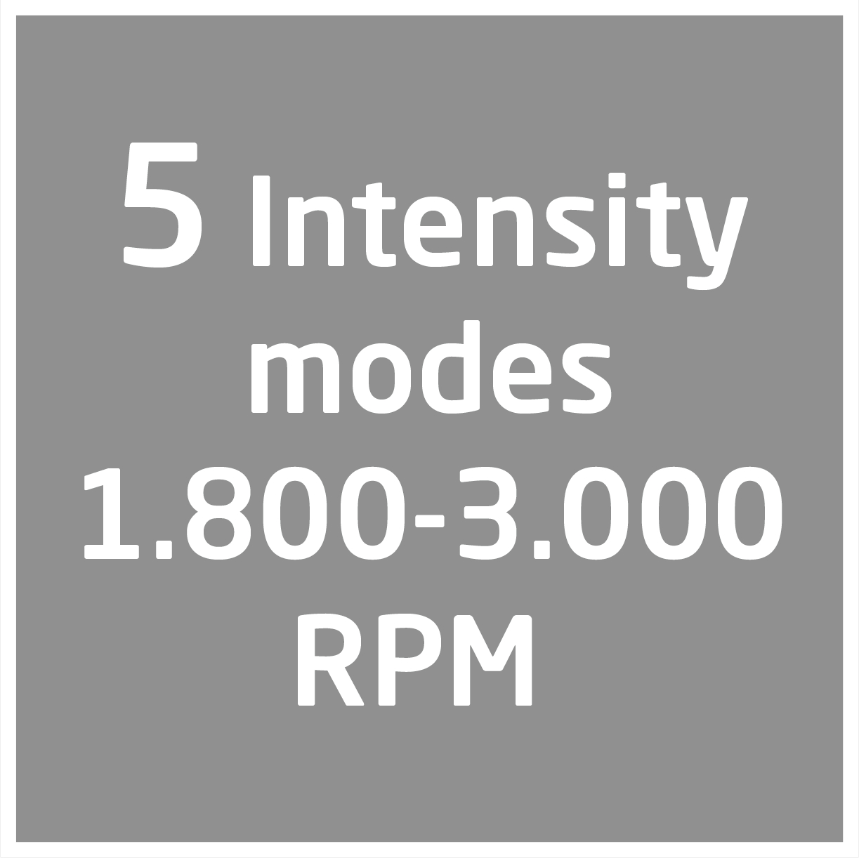 Text auf grauem Hintergrund: 5 Intensitätsmodi, 1.800-3.000 U/min.