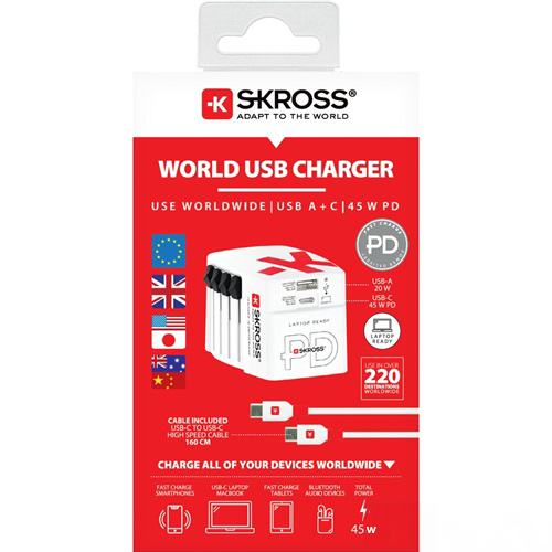 Fehér és piros USB töltő több porttal, kábelekkel és egy dobozzal, zászló ikonokkal.