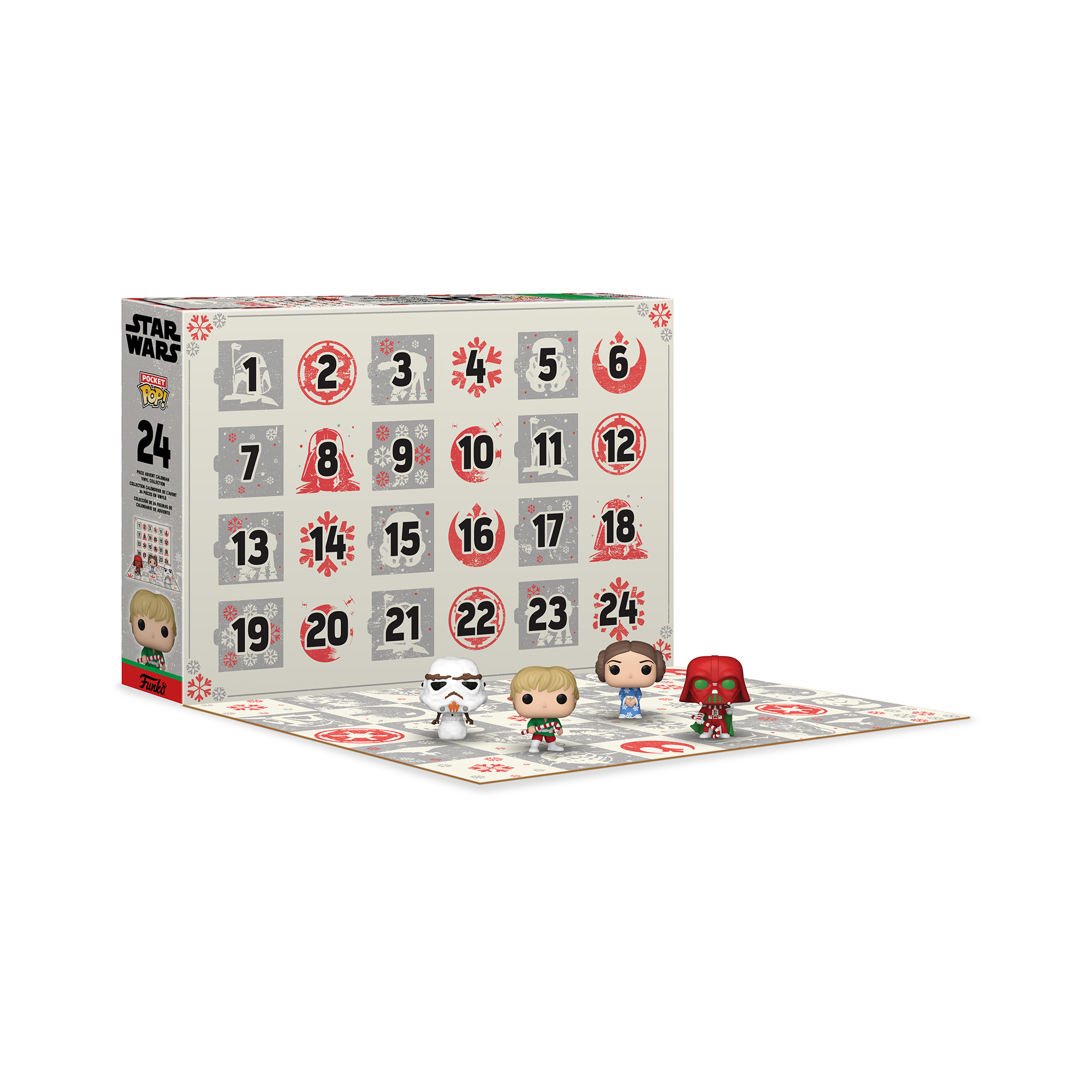 Star Wars Adventskalender mit Funko Pop Figuren. Box mit Zahlen und Charakteren außen. Figuren angeordnet.