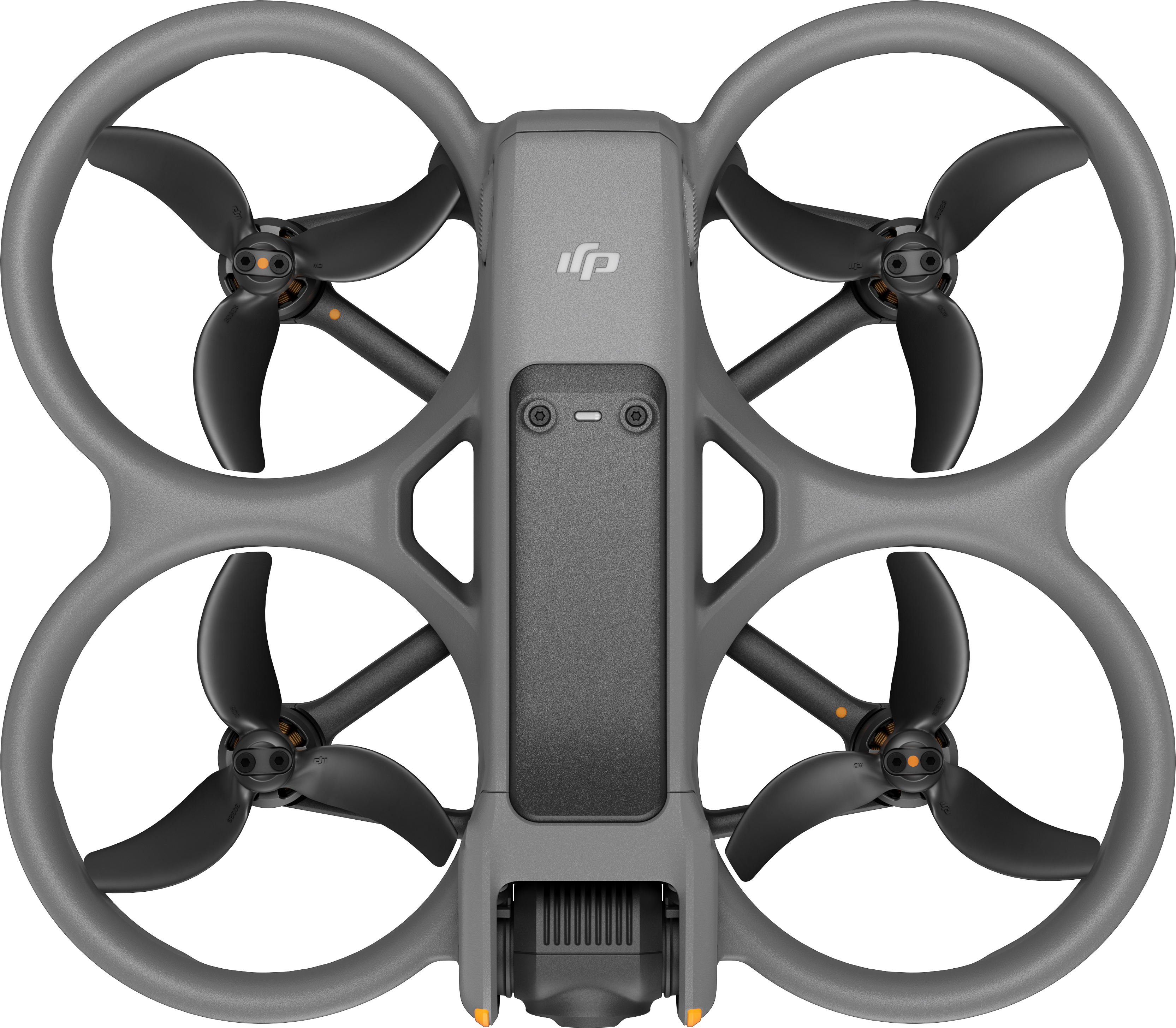 Un drone grigio ha quattro eliche e una gabbia arrotondata attorno.