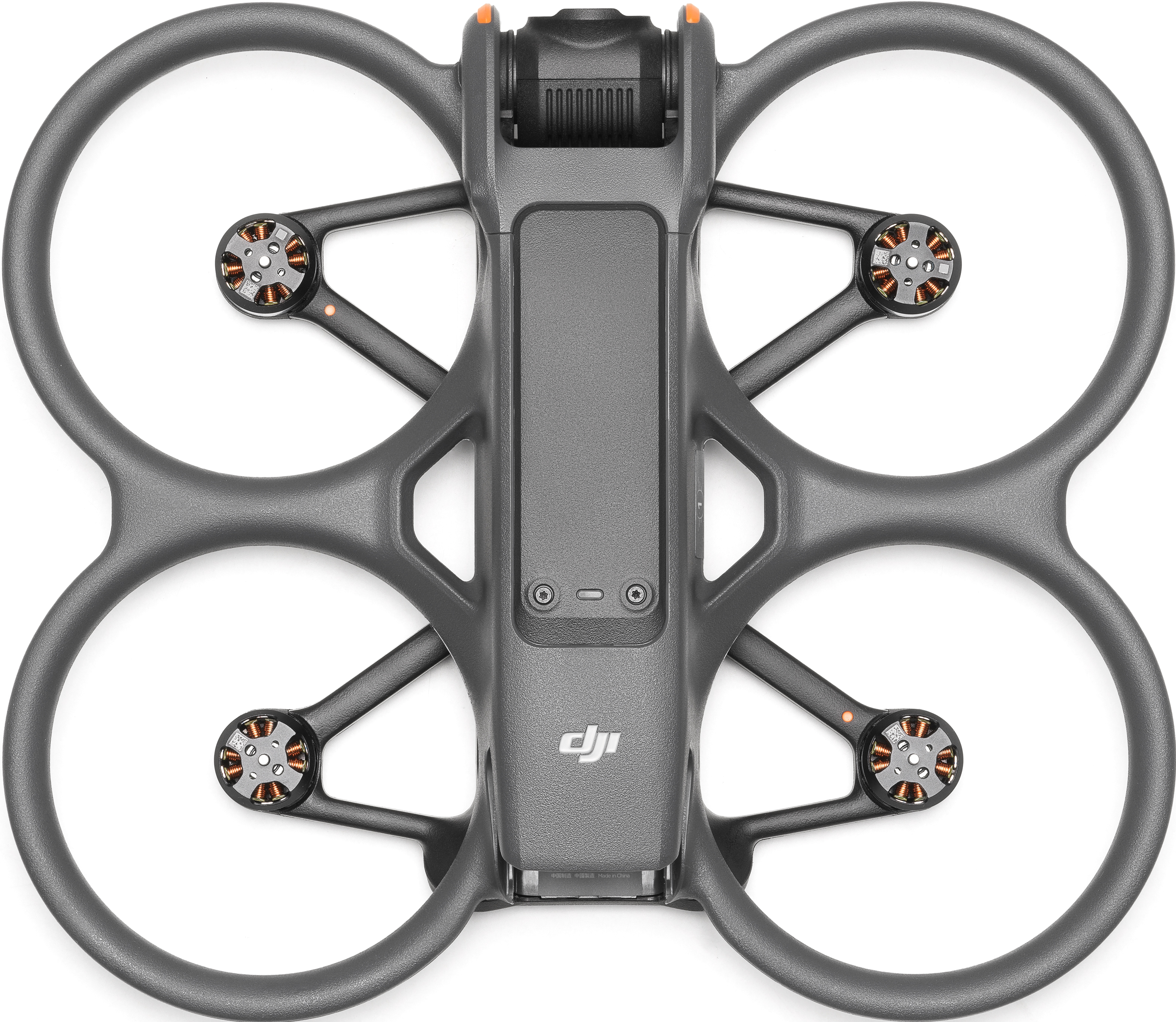 Drone DJI Avata, colore grigio, vista dall'alto. Presenta quattro eliche, corpo centrale e logo DJI.