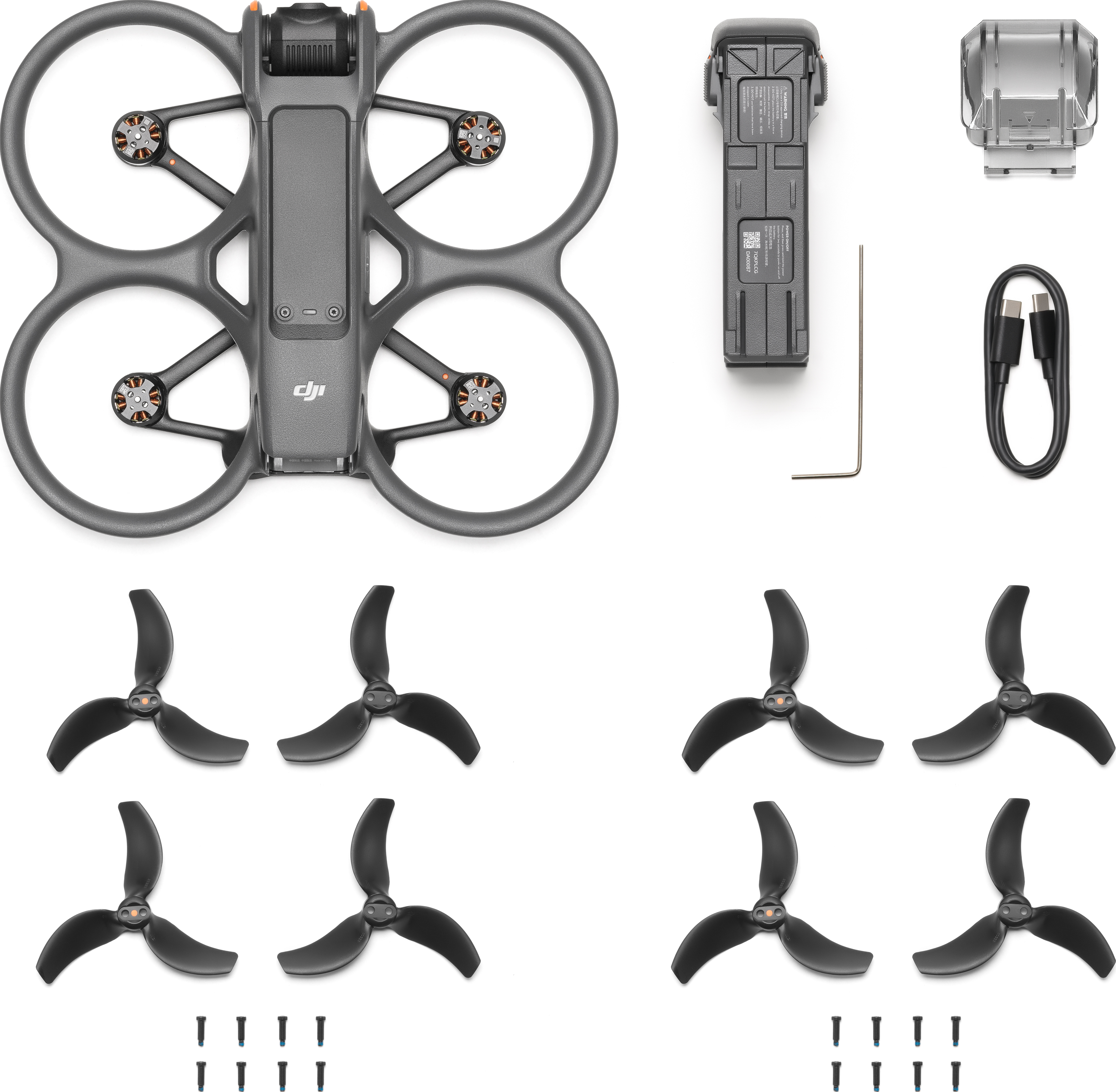 Drone DJI e accessori su bianco. Drone, batteria, caricabatterie, viti ed eliche.