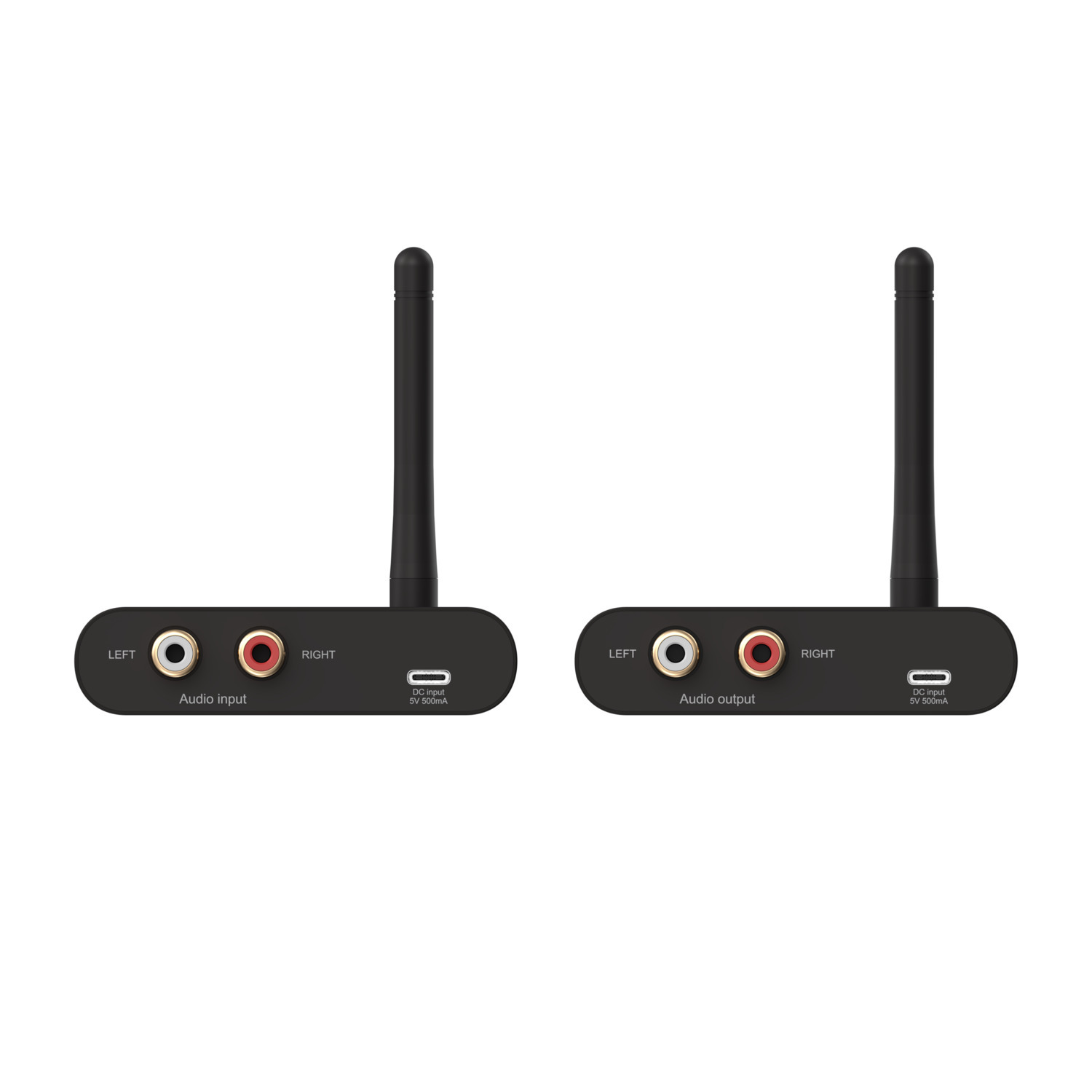 Two black audio devices with input and output ports and antennas.