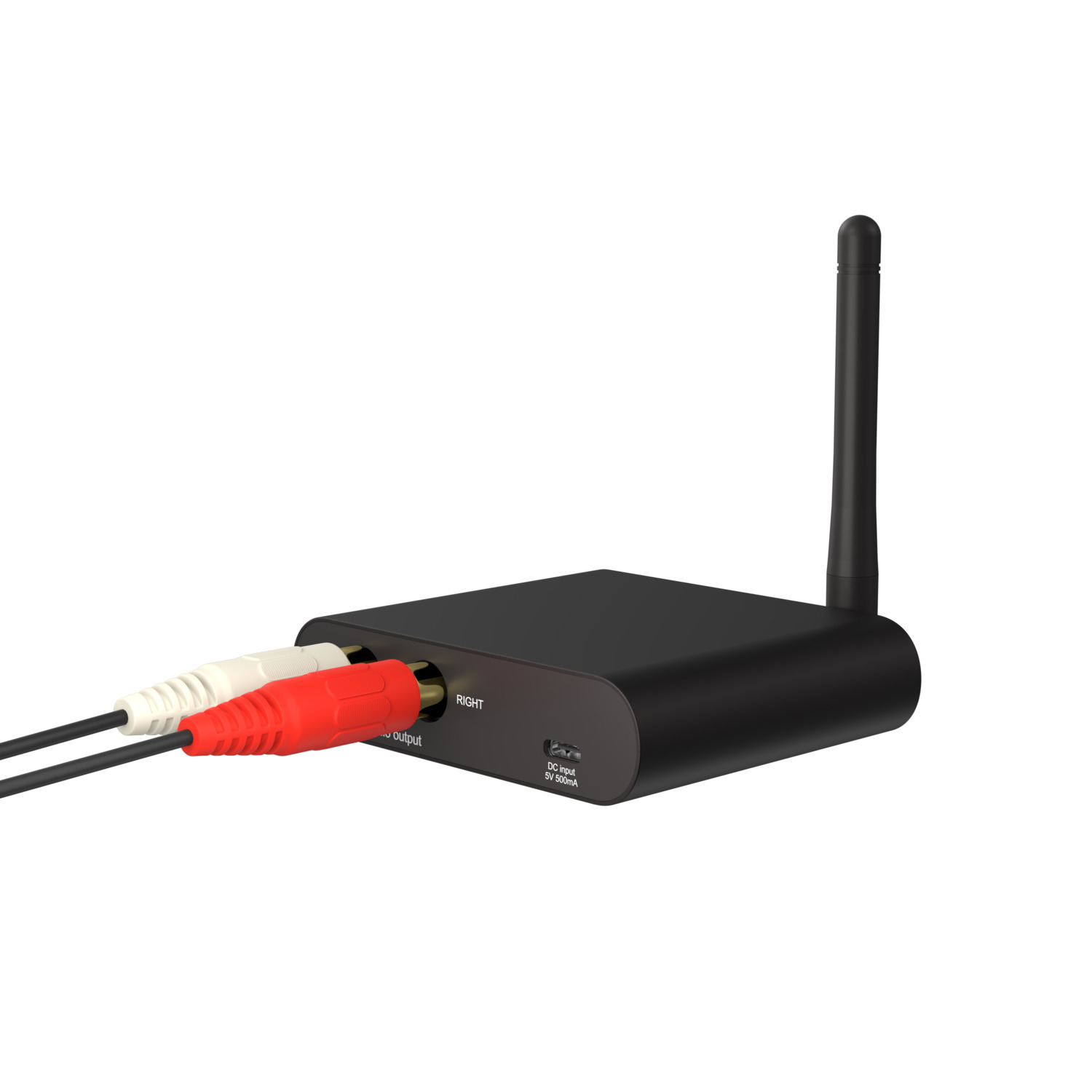 Black audio transmitter with white and red audio cables plugged in. Antenna on top.