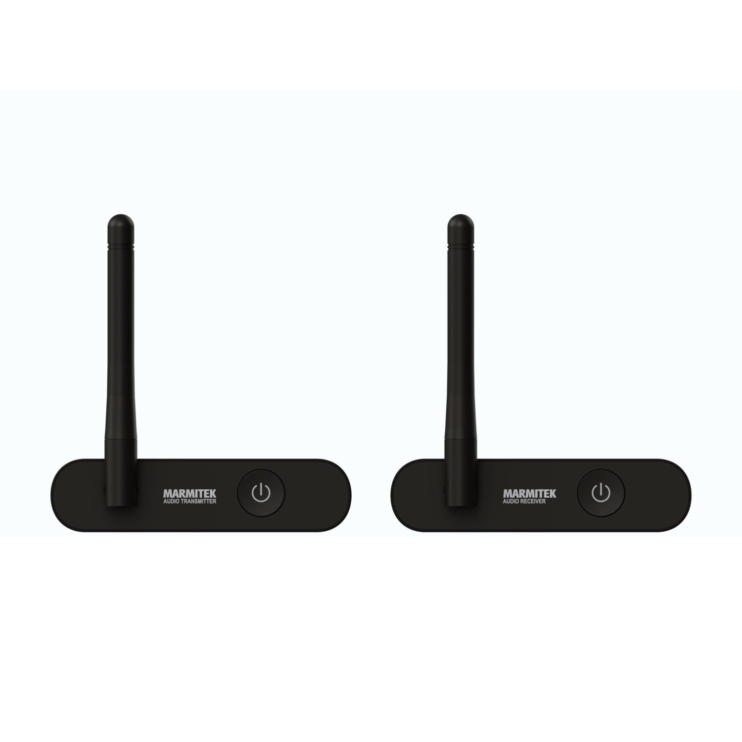 Two black audio transmitters, each with an antenna and power button.