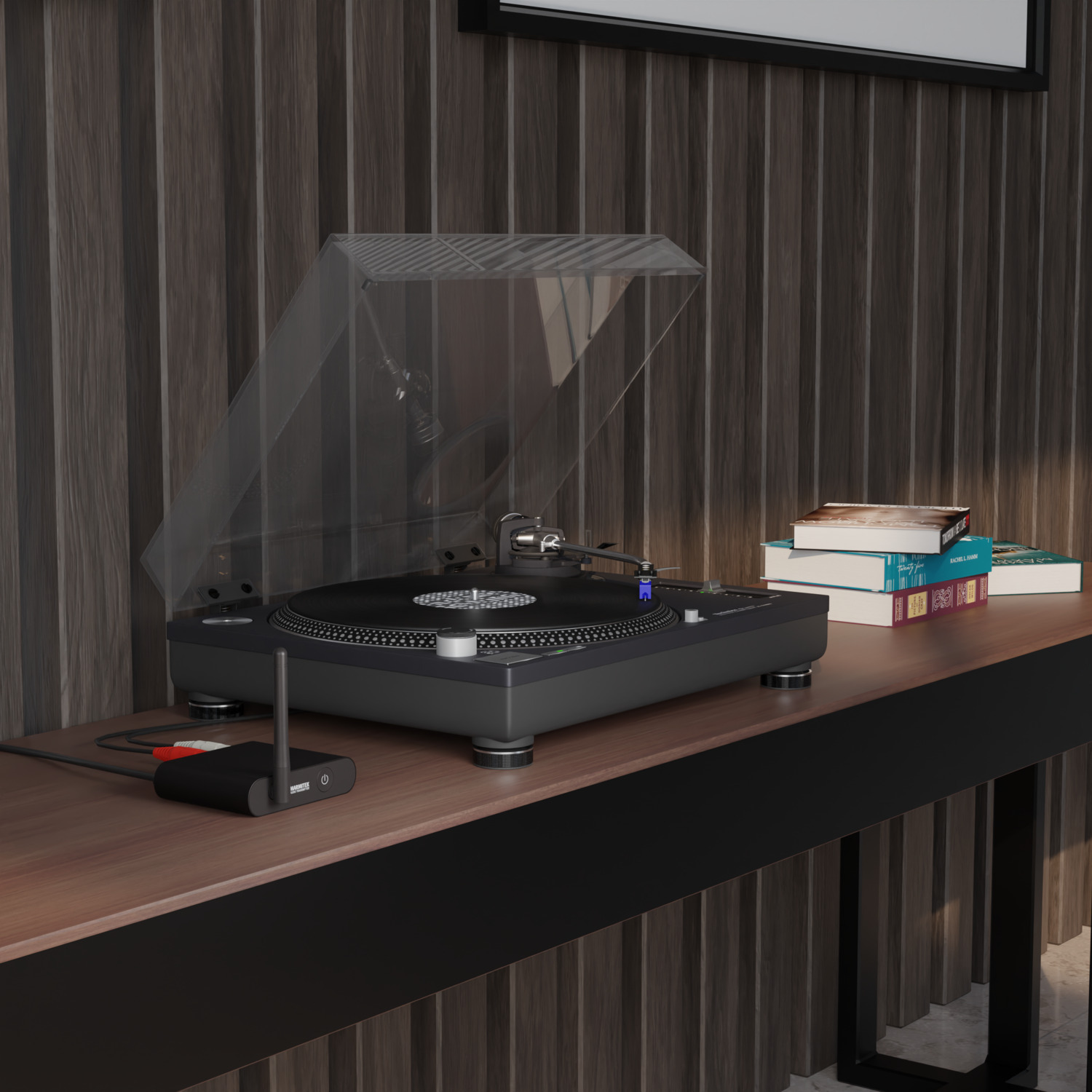 Turntable on a wooden table. Books and a black box are nearby. Wooden panel background.