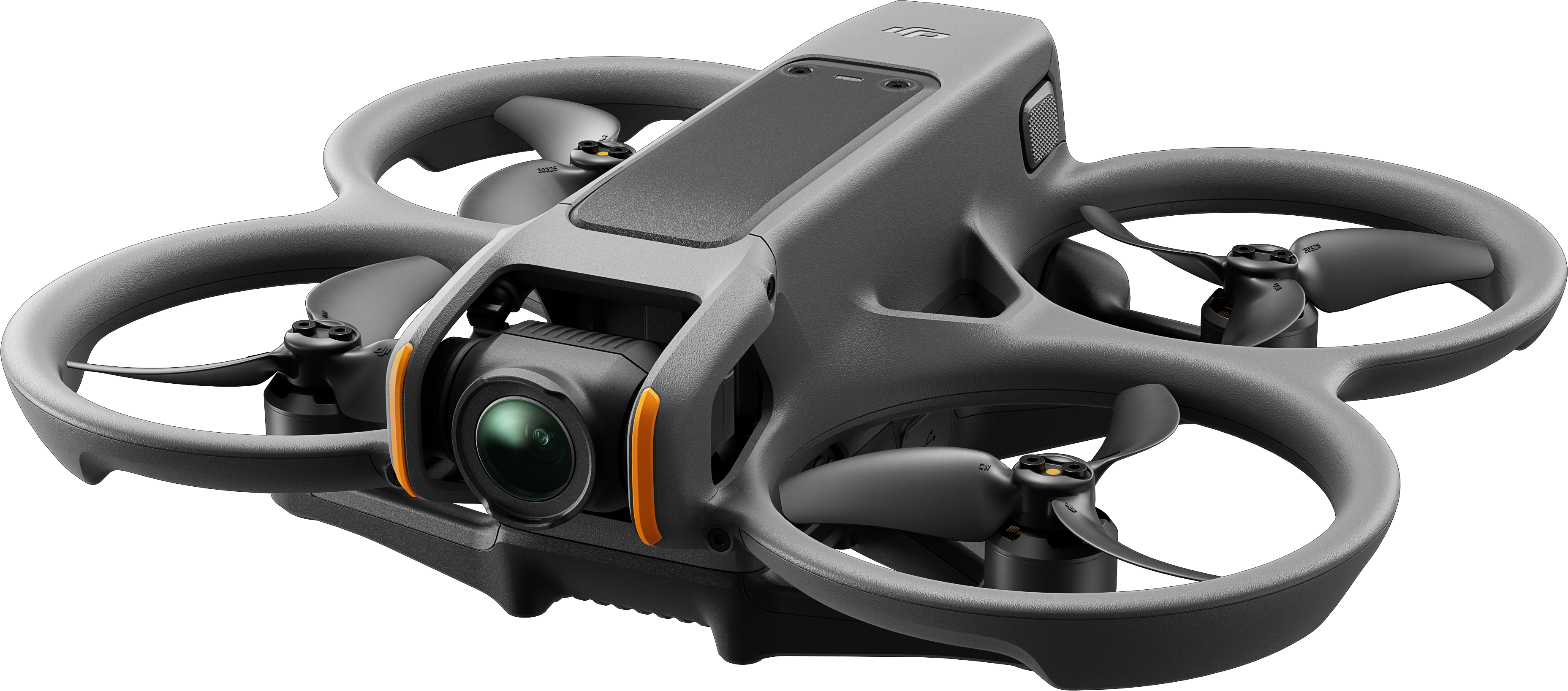 Drone grigio con quattro eliche, fotocamera e parte superiore nera.