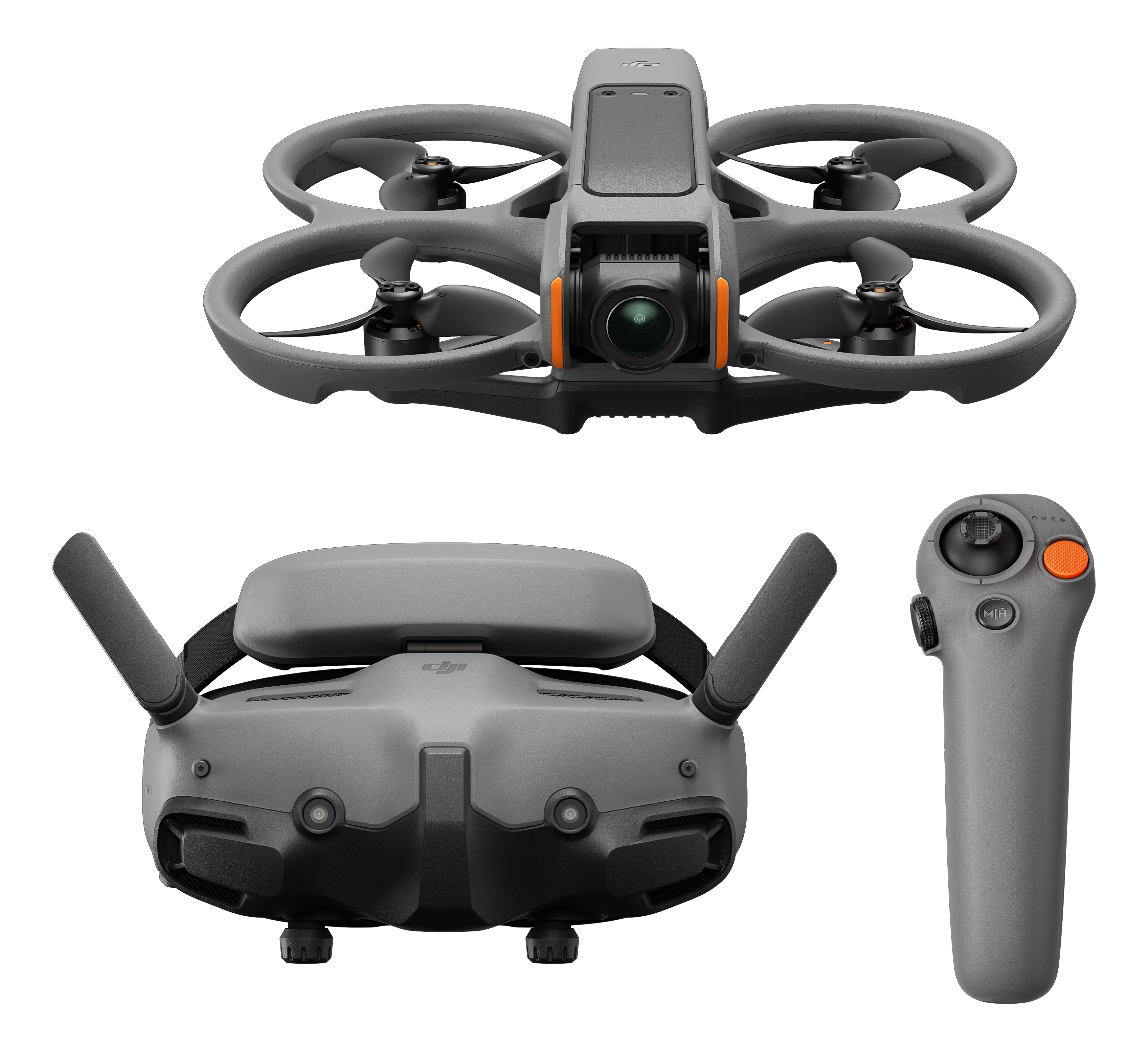 Drone, occhiali e telecomando in tonalità grigie, che mostrano il design del drone.