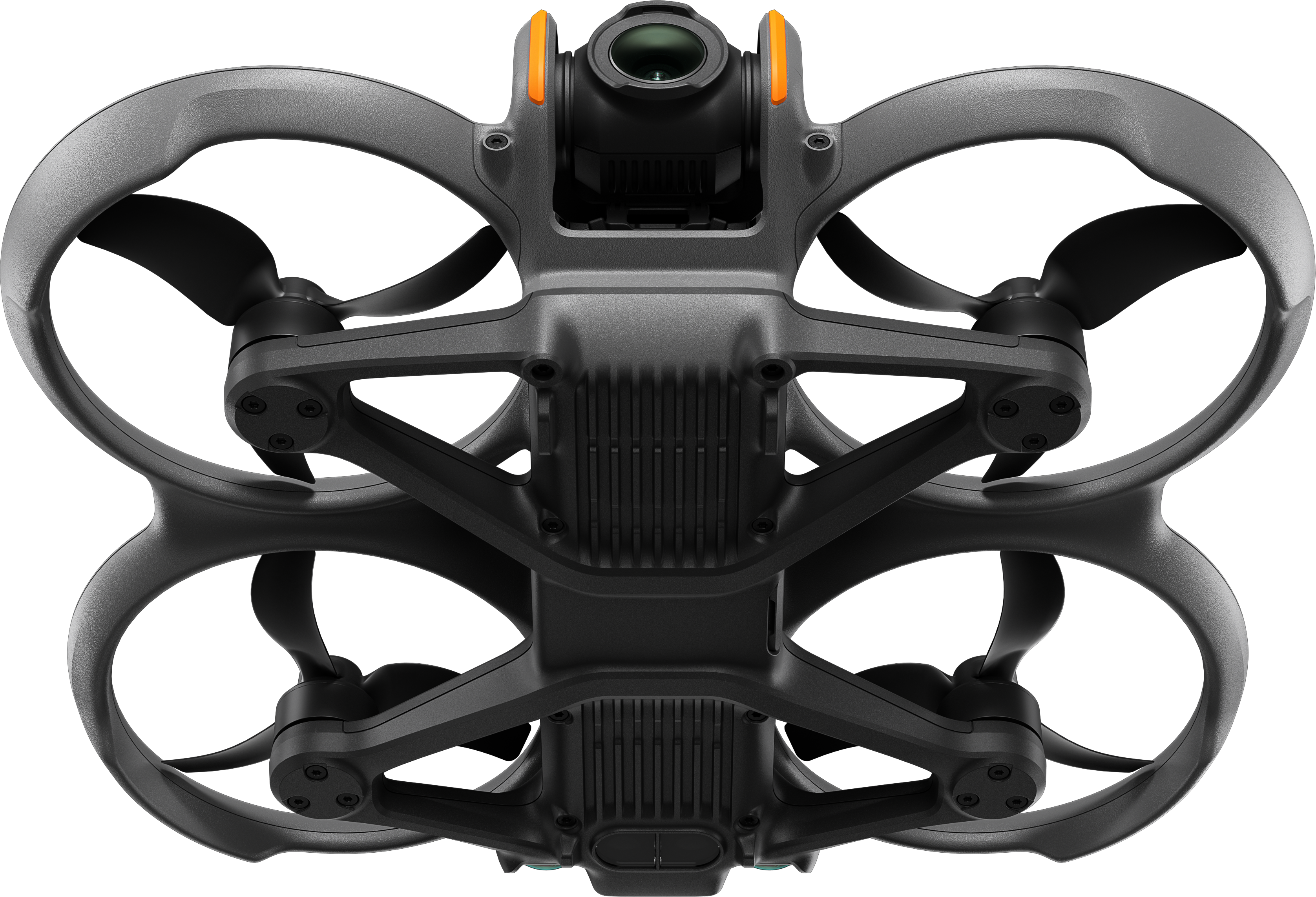 Un drone nero con quattro eliche. Ha una fotocamera frontale e dettagli arancioni.