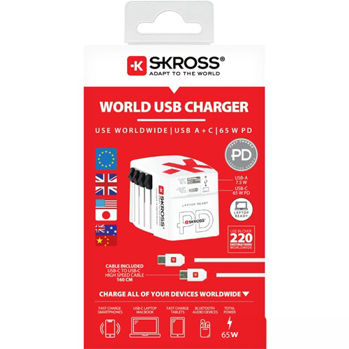 Fehér és piros világ USB töltő doboz. Szöveg és képek zászlókról és dugókról.