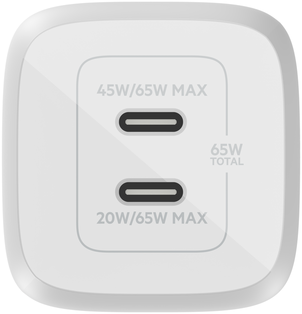 Fehér hálózati adapter két USB-C porttal, 45W/65W MAX és 20W/65W MAX felirattal.