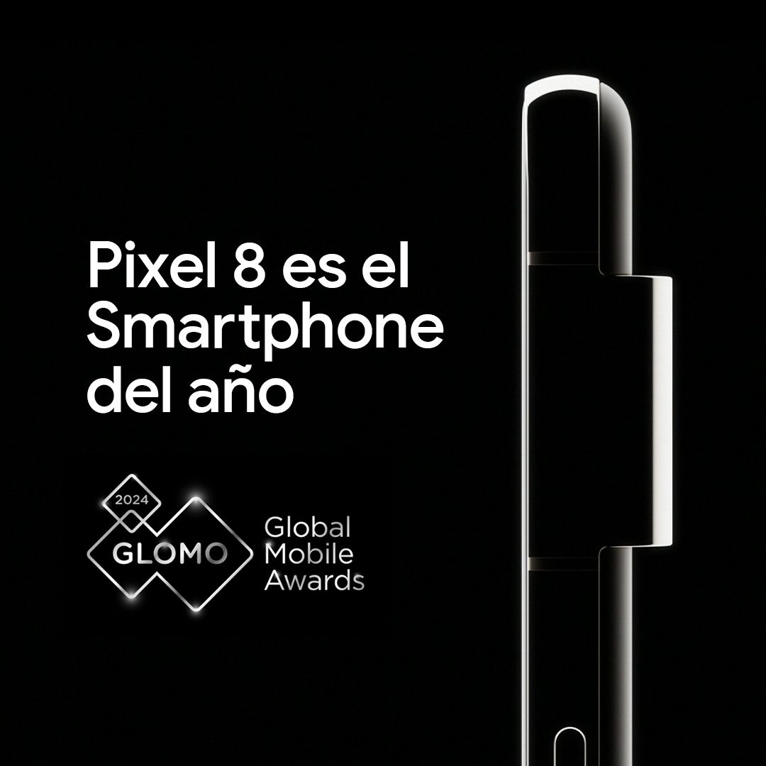 Teléfono Pixel 8, con un fondo oscuro. El texto blanco en negrita dice 'Pixel 8 es el Smartphone del año'.