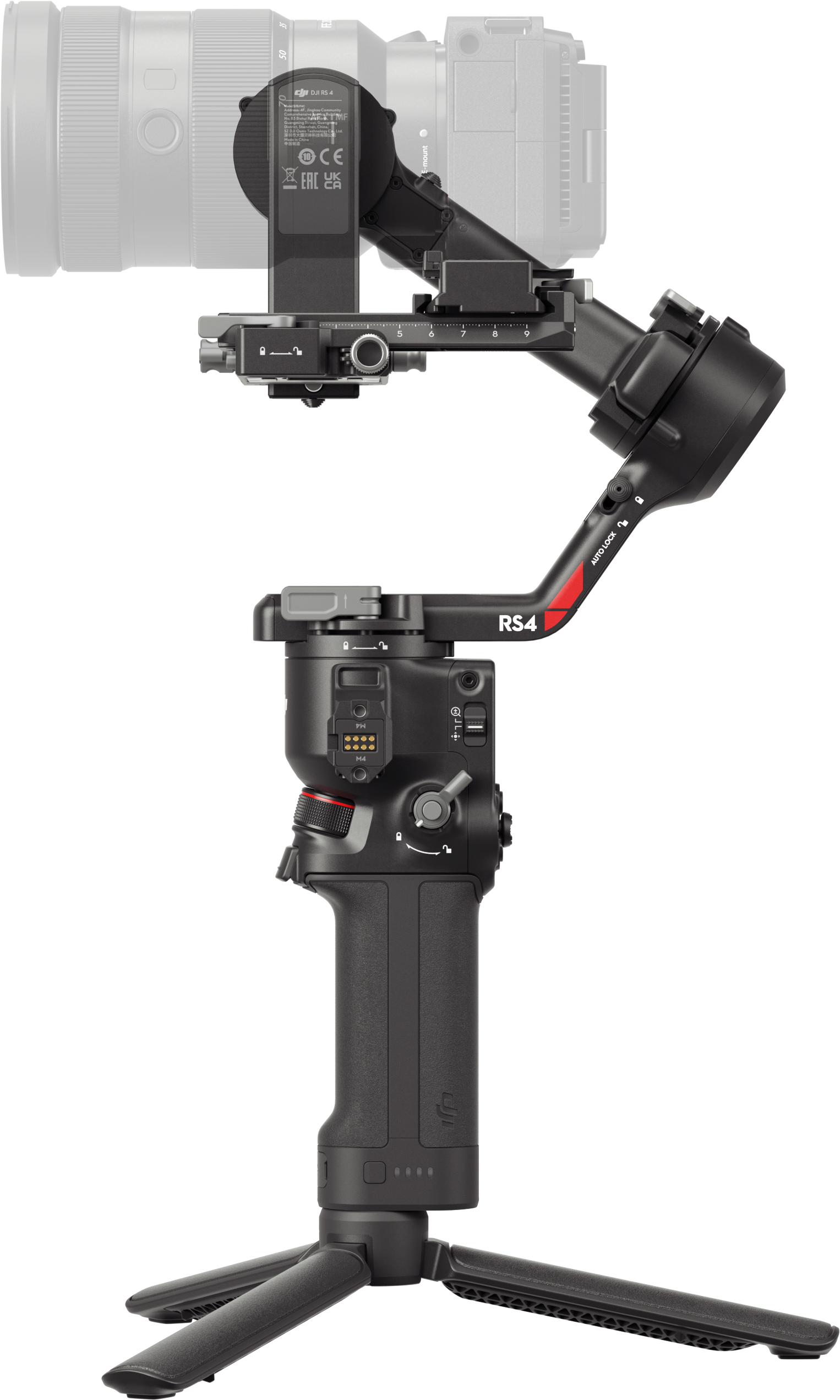 Schwarze Kamera mit Objektiv auf einem Gimbal mit Ständer und Griff, isoliert auf Schwarz.