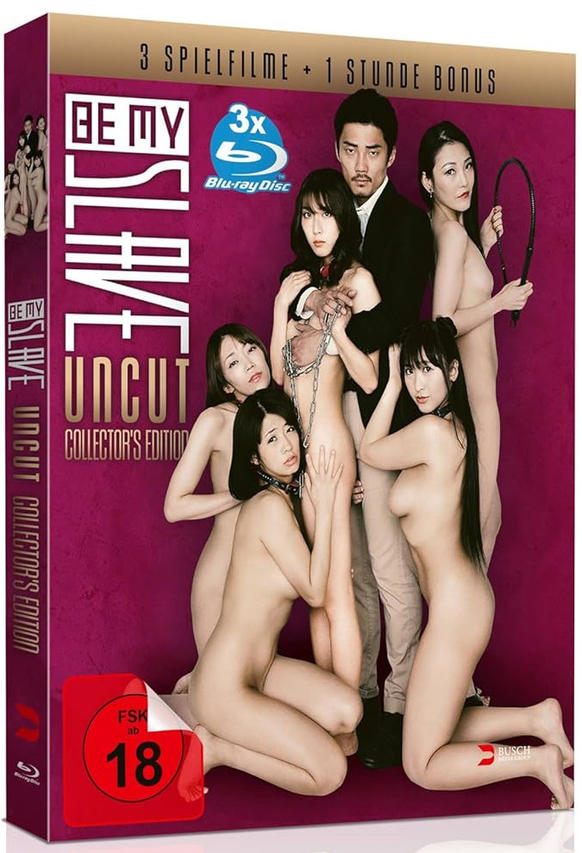 DVD-Cover: Gruppe nackter Personen, ein Mann im Anzug. Titel: BE MY SLAVE UNCUT, FSK 18.