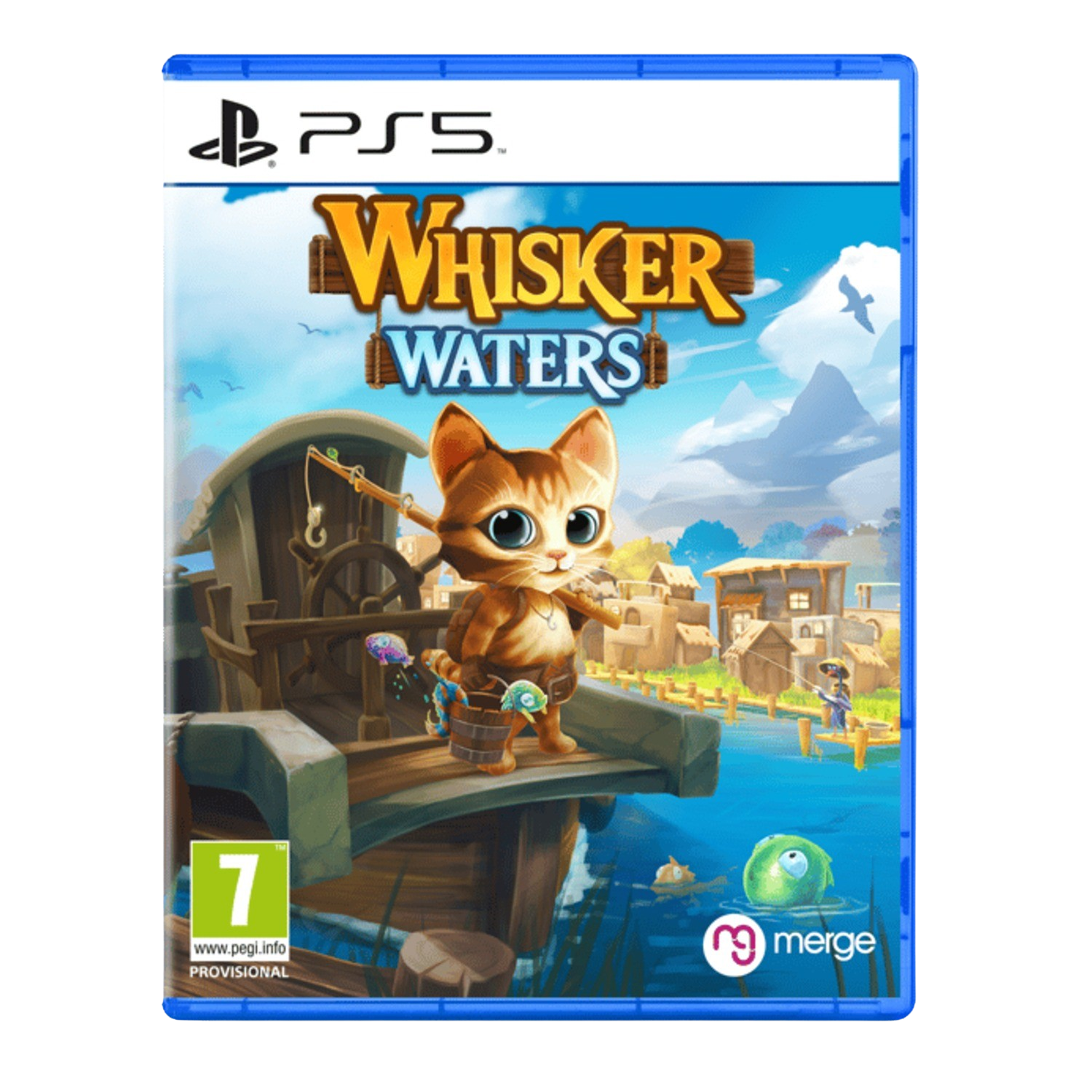 Spelbox van 'Whisker Waters' met een kat die vist op een boot. Blauw water en lucht.