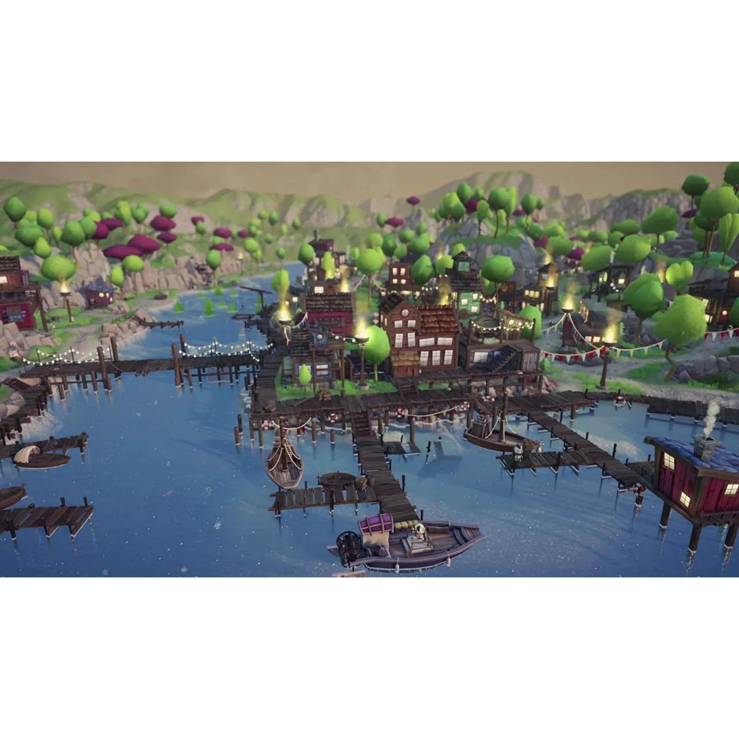 Een kleurrijk stadsbeeld met huizen, boten en steigers op een blauw meer.