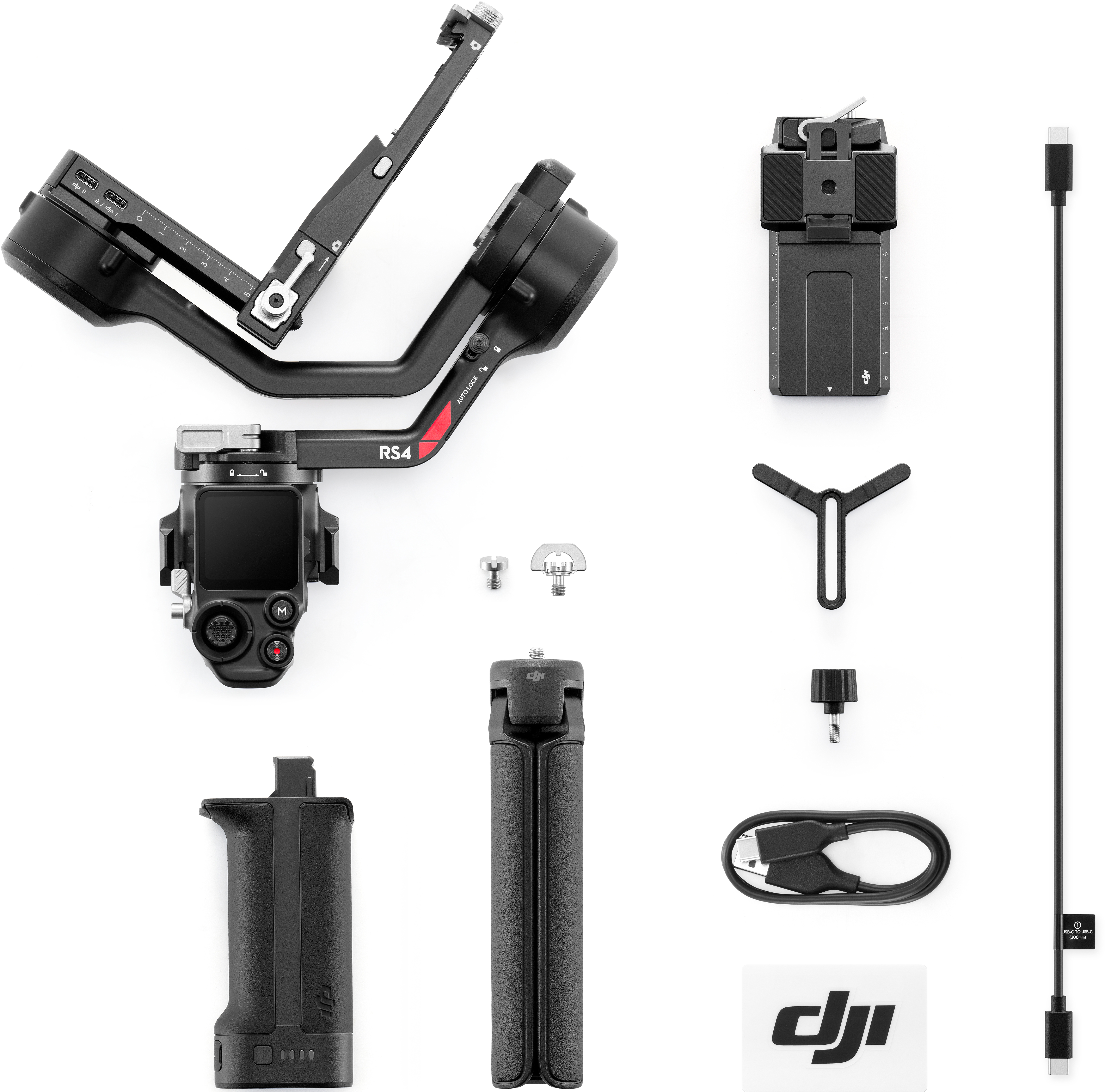 Draufsicht auf einen Gimbal-Stabilisator mit Zubehör, darunter ein Griff und Kabel, alles auf weißem Grund.