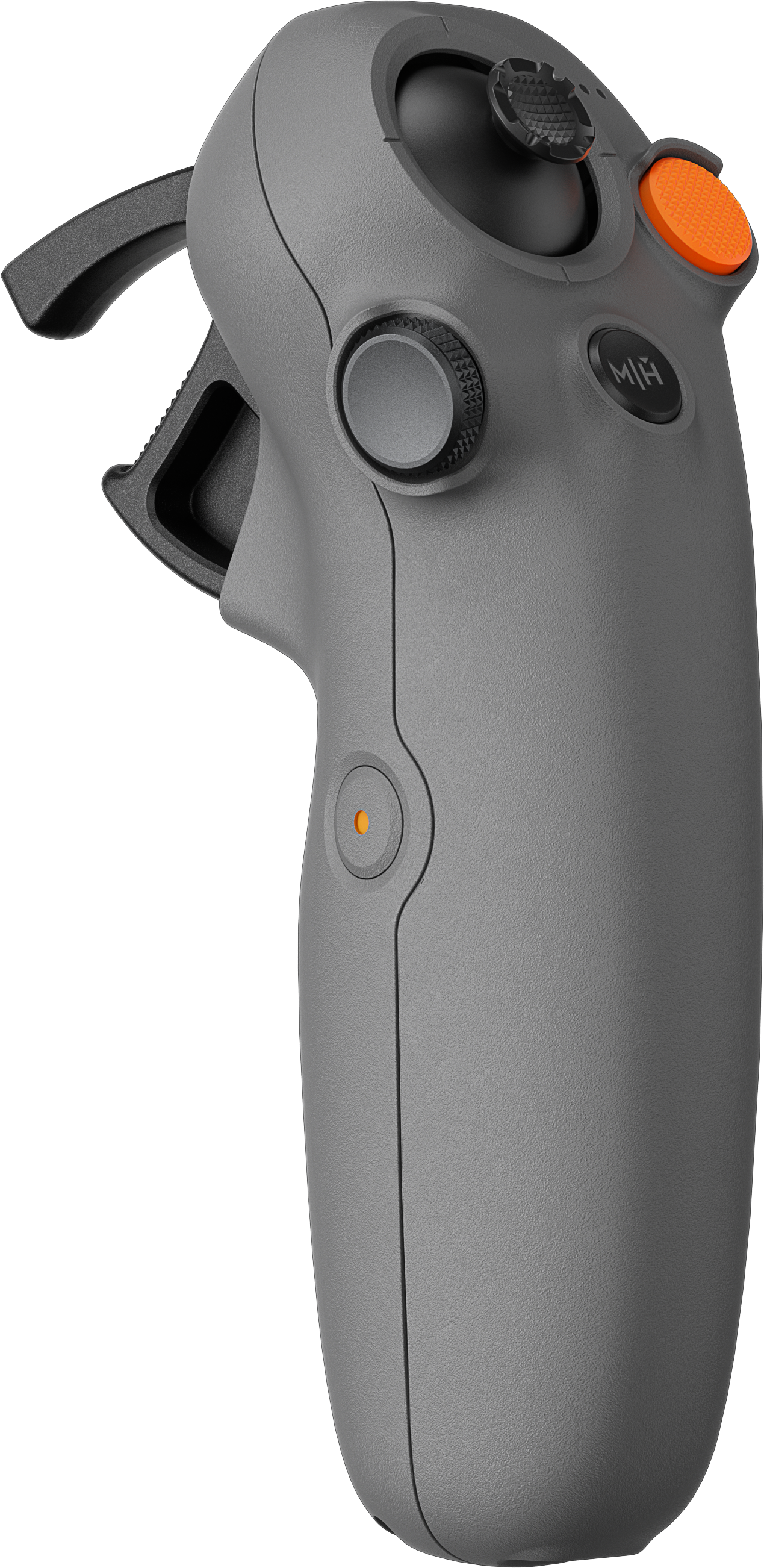 Une manette portable grise avec des boutons et un joystick. Un bouton orange est en haut.