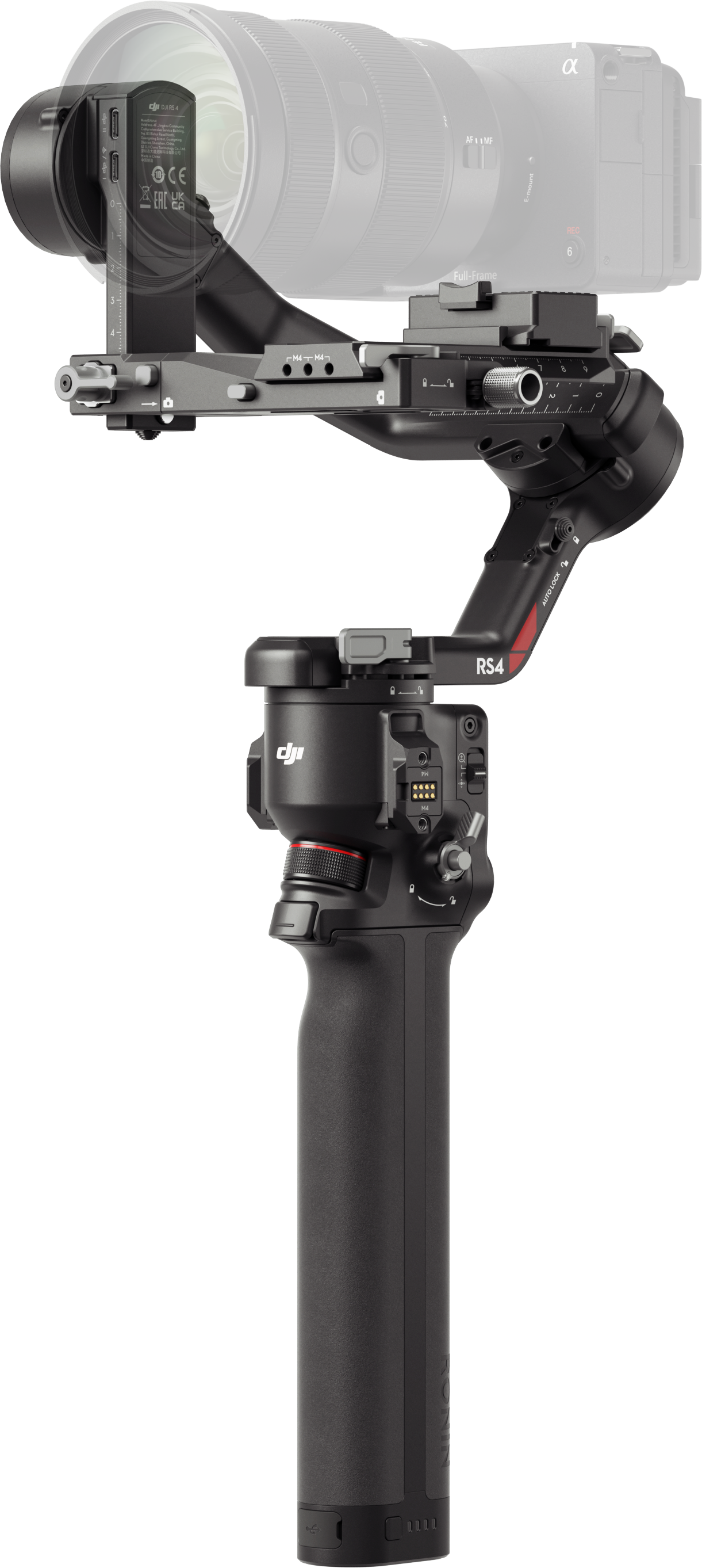 Stabilisateur de caméra noir avec une caméra attachée, isolé sur fond noir.