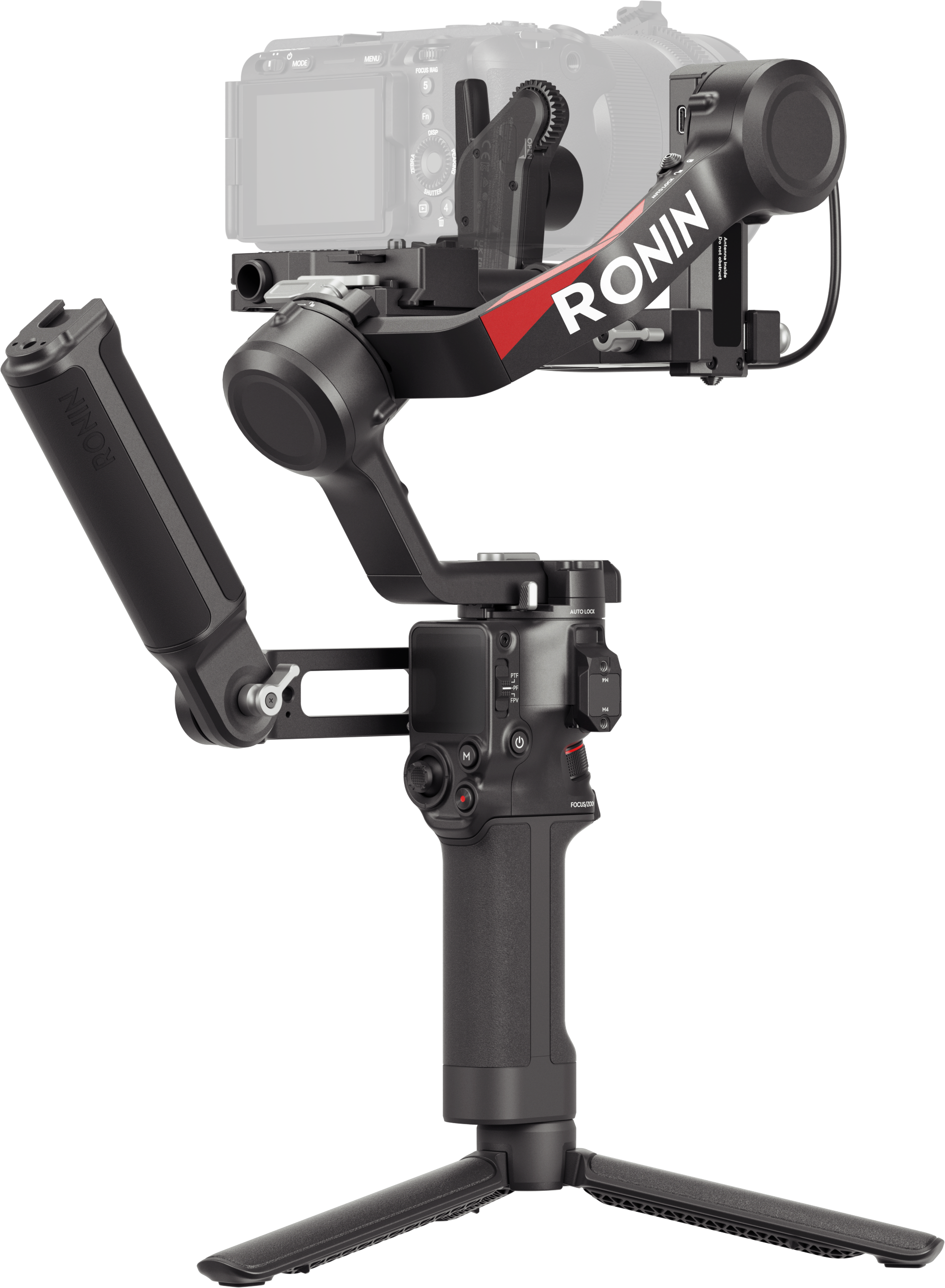 Un stabilisateur de caméra Ronin noir est montré avec une caméra attachée sur fond noir.