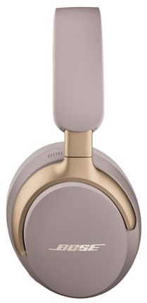 Zbliżenie słuchawek Bose, szare nauszniki i złote akcenty z logo Bose.