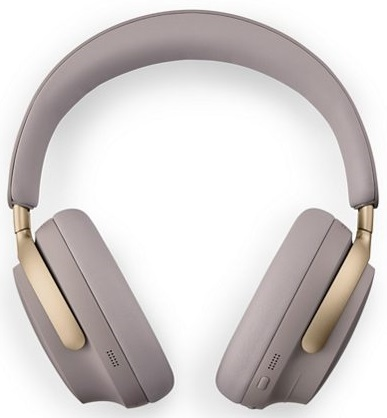Słuchawki z jasnoszarymi nausznikami i pałąkiem, złotymi akcentami i widocznymi przyciskami.