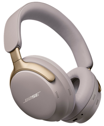 Szare i złote słuchawki Bose. Widoczne logo Bose. Konstrukcja nauszna.