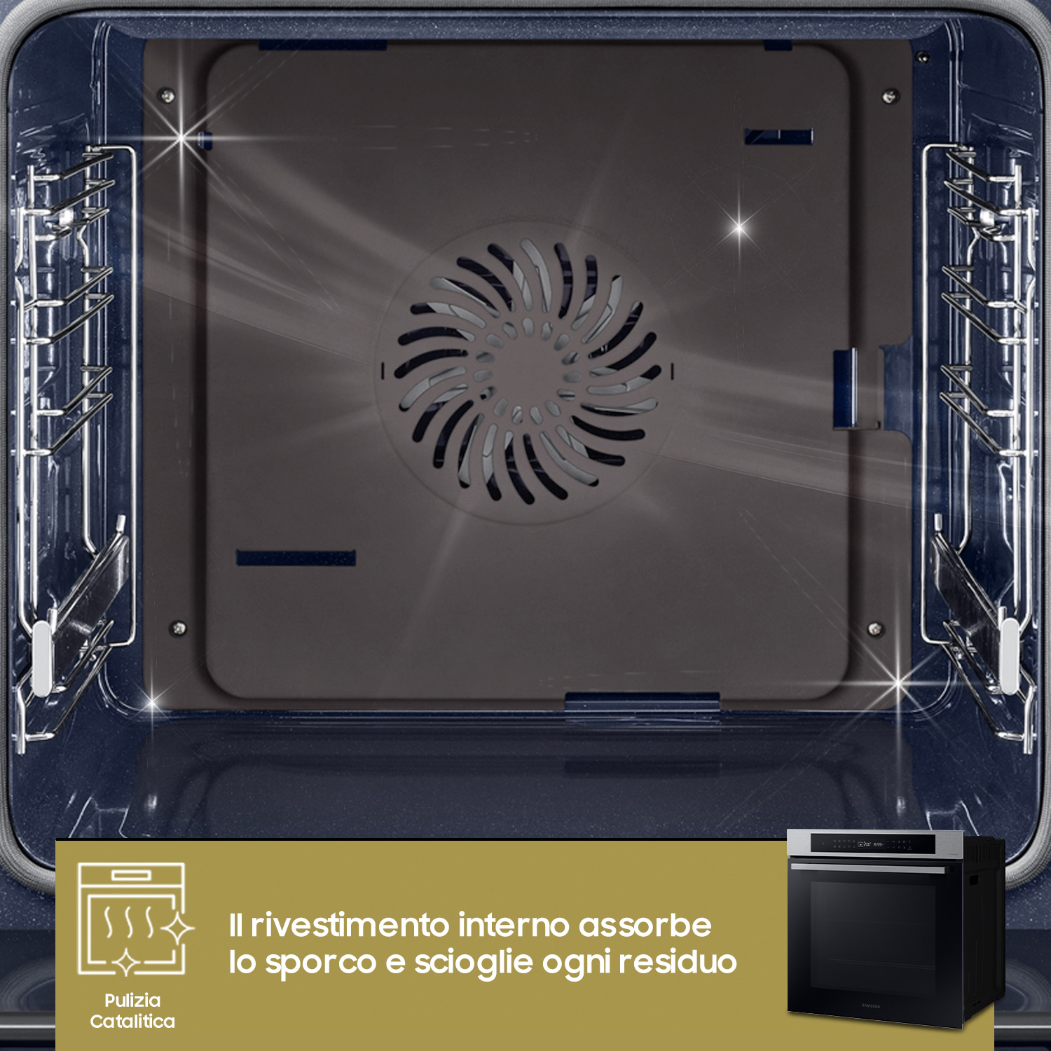 Interno del forno, blu scuro con luci. Testo: Il rivestimento interno assorbe lo sporco.