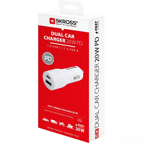 Fehér doboz kétportos autós töltővel, fehér töltő USB portokkal, piros-fehér színvilág.