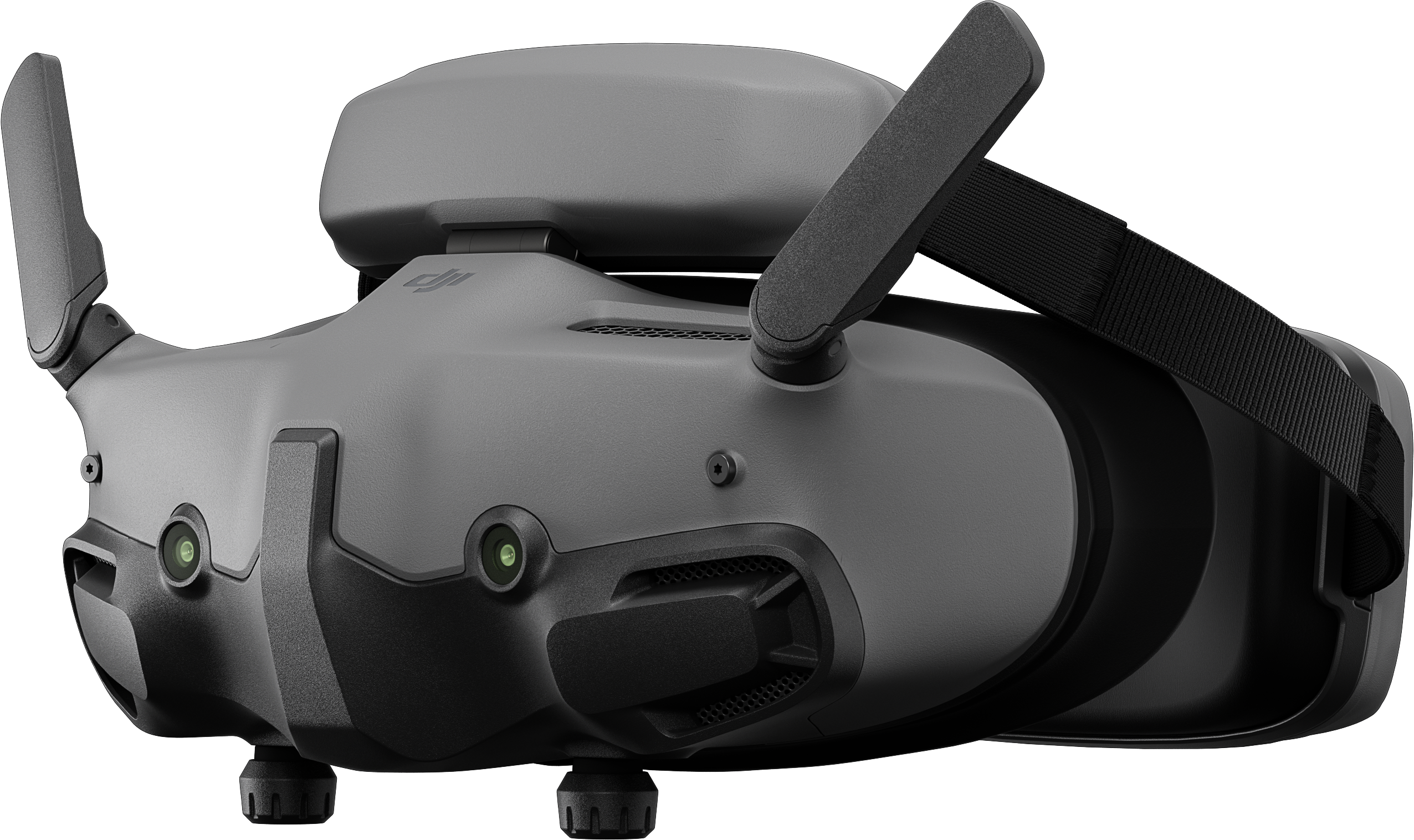 Un casque VR gris avec antennes, sangle noire et lentilles vertes.