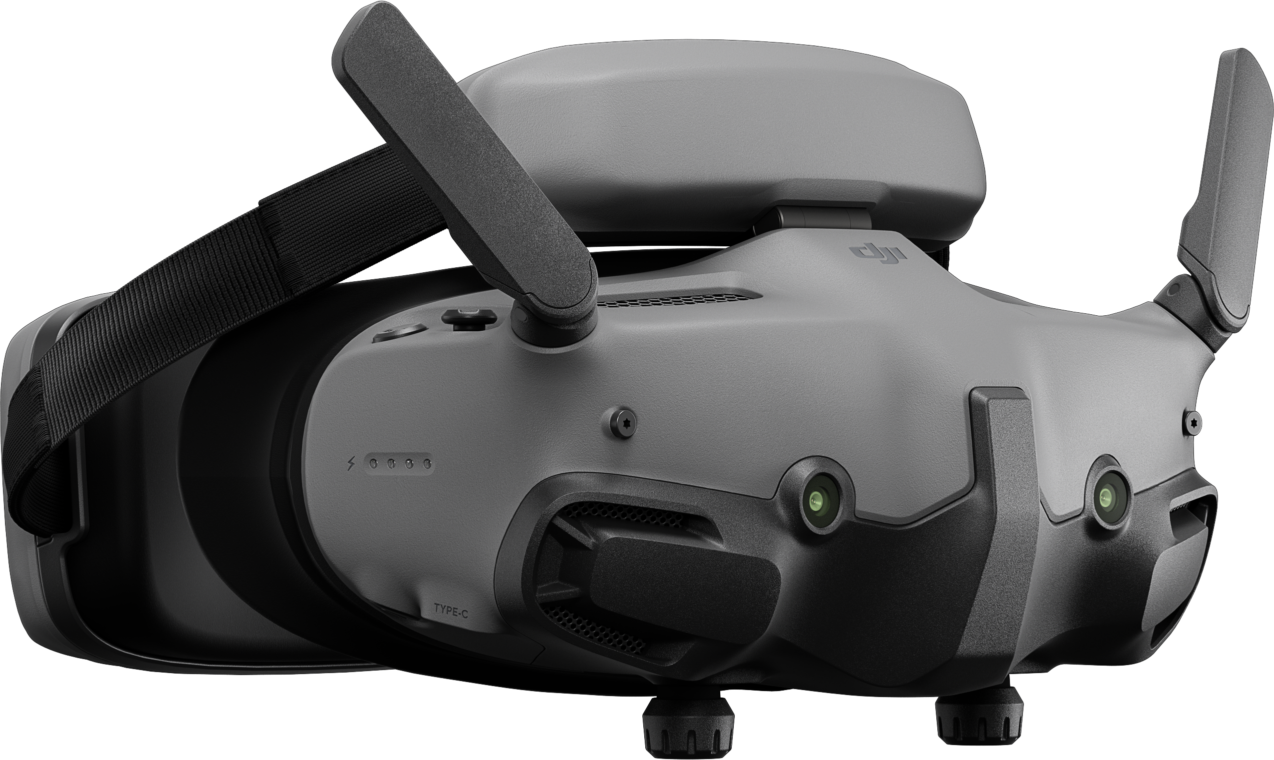Casque VR gris, avec deux antennes, sur fond blanc, vue en angle.