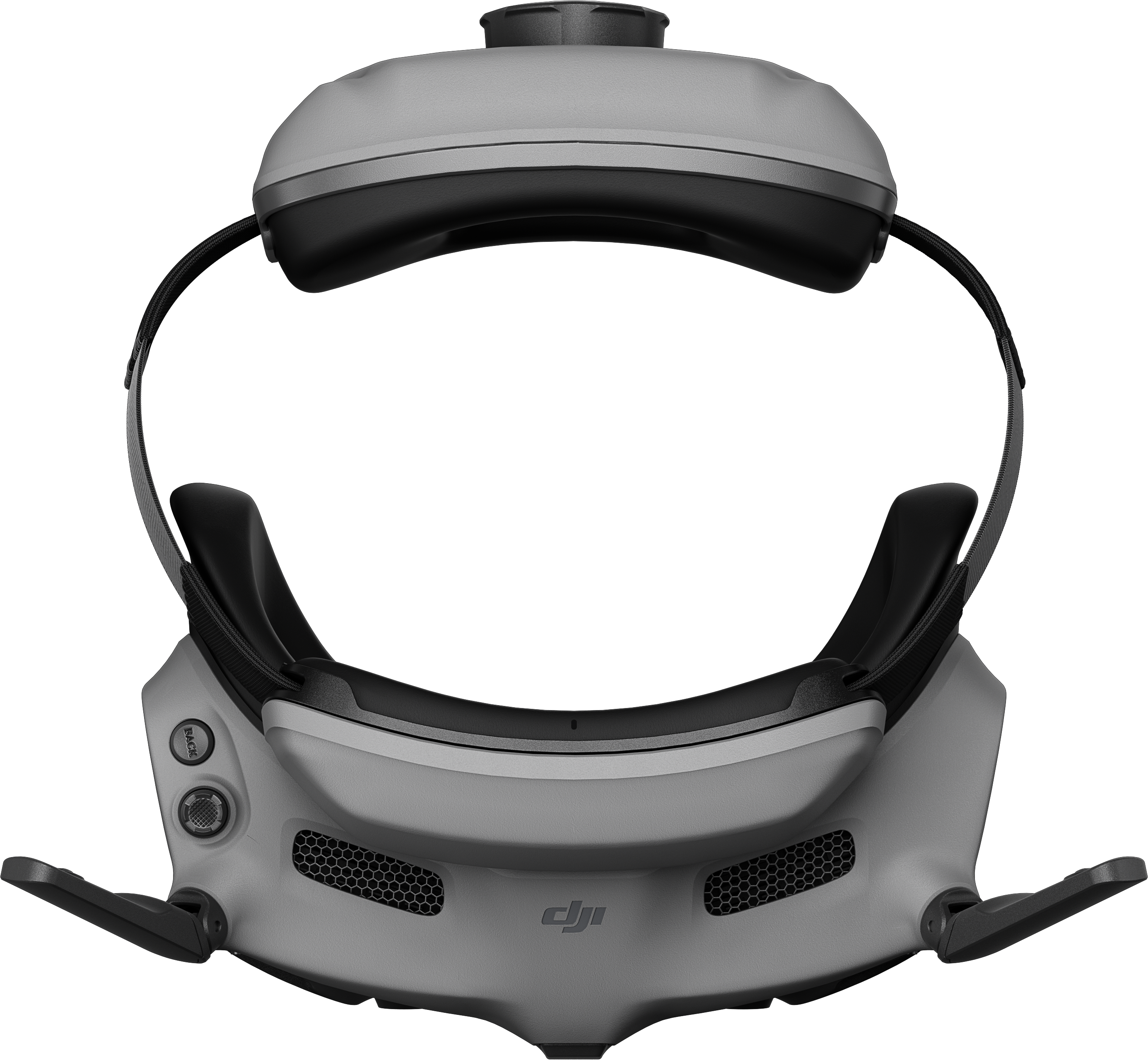 Lunettes DJI FPV. Casque gris avec molettes et boutons de réglage.