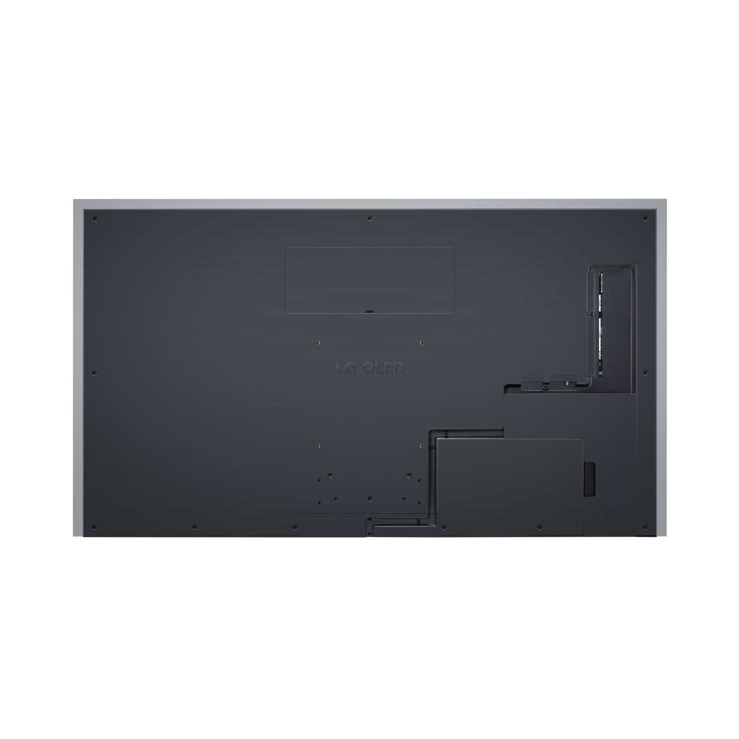 Achteraanzicht van een zwarte LG OLED TV met poorten en het LG-logo.