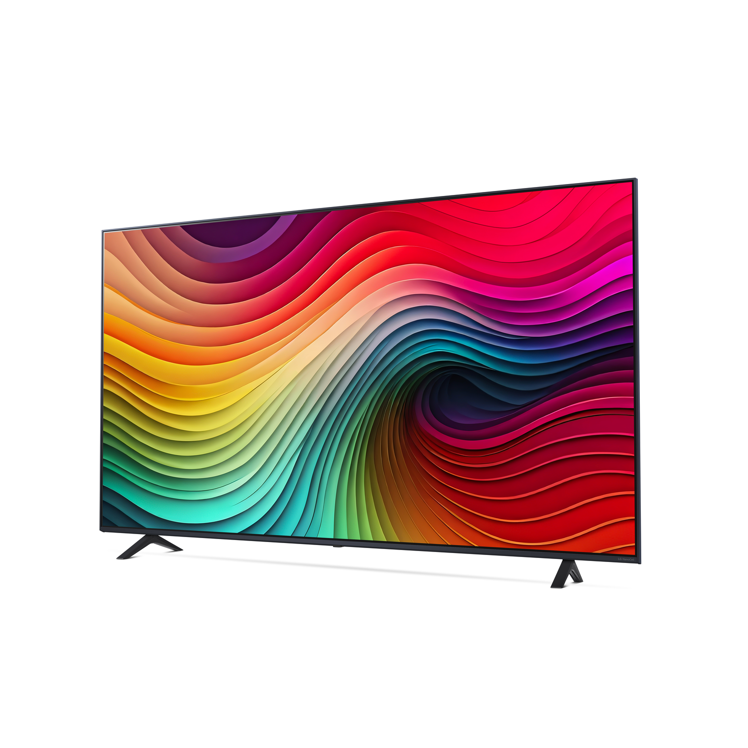Großer Fernseher mit farbenfrohem, wirbelndem Regenbogen-Display. Er hat schwarze Beine und Rahmen, auf weißem Hintergrund.