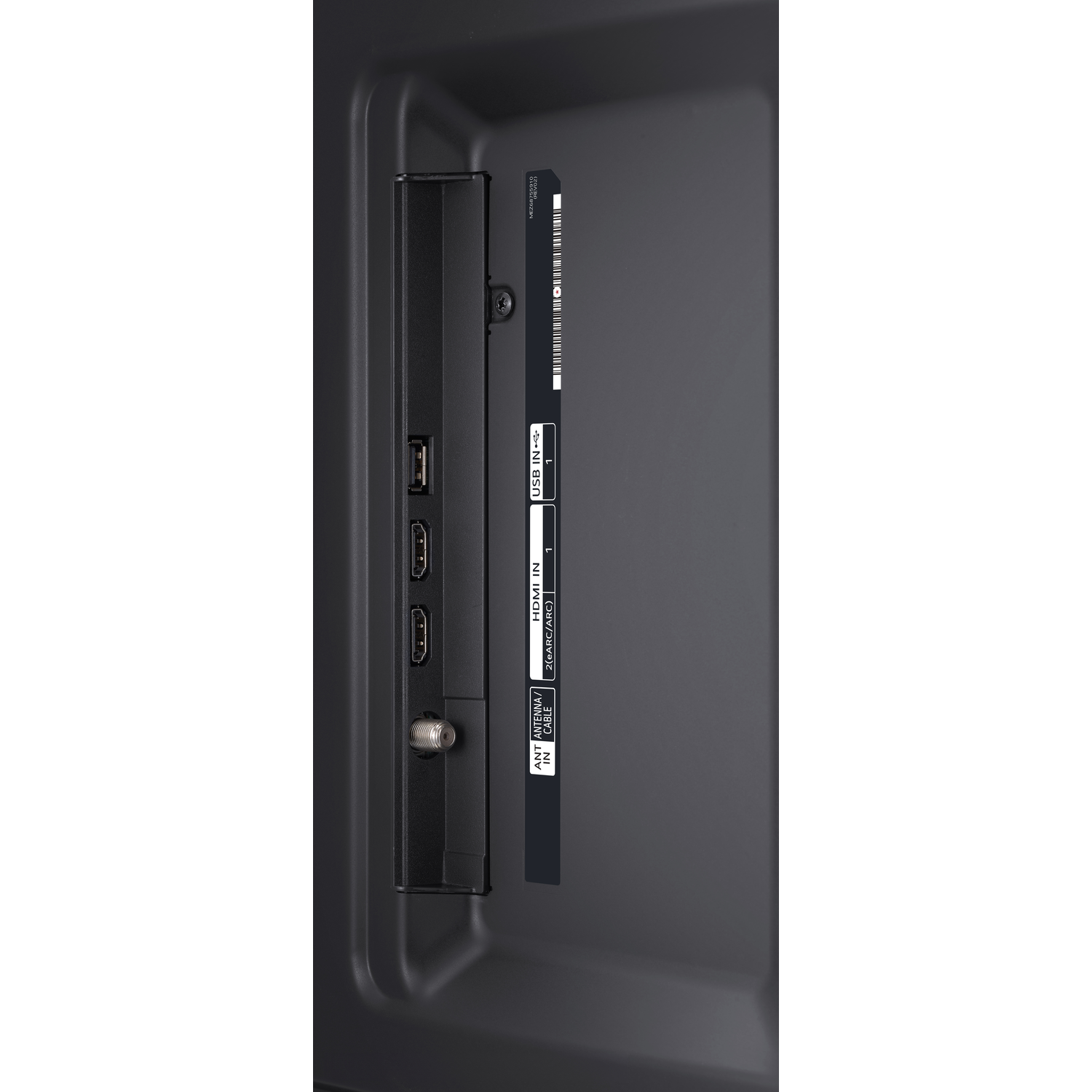 Die Rückseite eines Fernsehers mit Anschlüssen, darunter USB, HDMI und Antenneneingang.