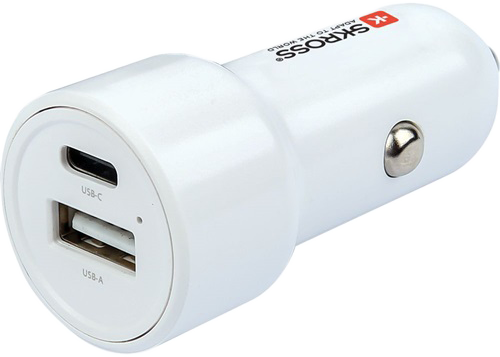 Fehér autós töltő USB-C és USB-A portokkal, Skross logóval.