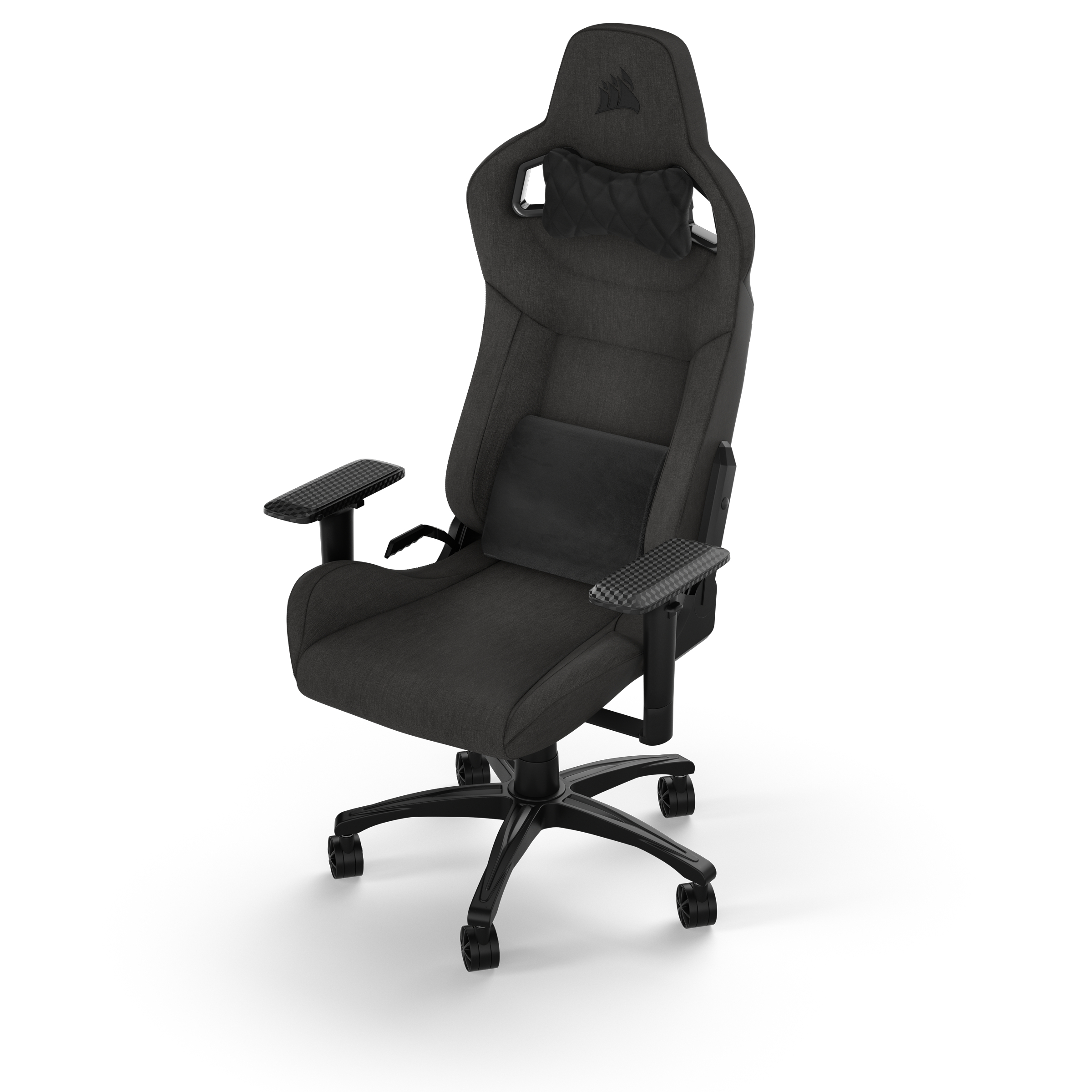 Ein schwarzer Gaming-Stuhl auf weißem Hintergrund. Der Stuhl hat eine Kopfstütze und Armlehnen.