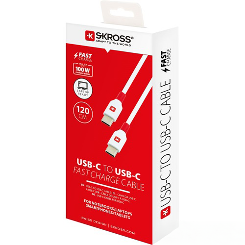 Fehér USB-C kábel csomagolás piros csíkkal és szöveggel: USB-C - USB-C.