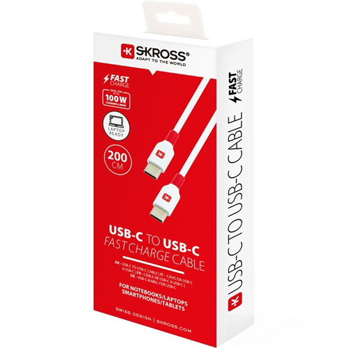 Fehér és piros USB-C-USB-C gyorstöltő kábel csomagolás, termék részletekkel és márkajelzéssel.