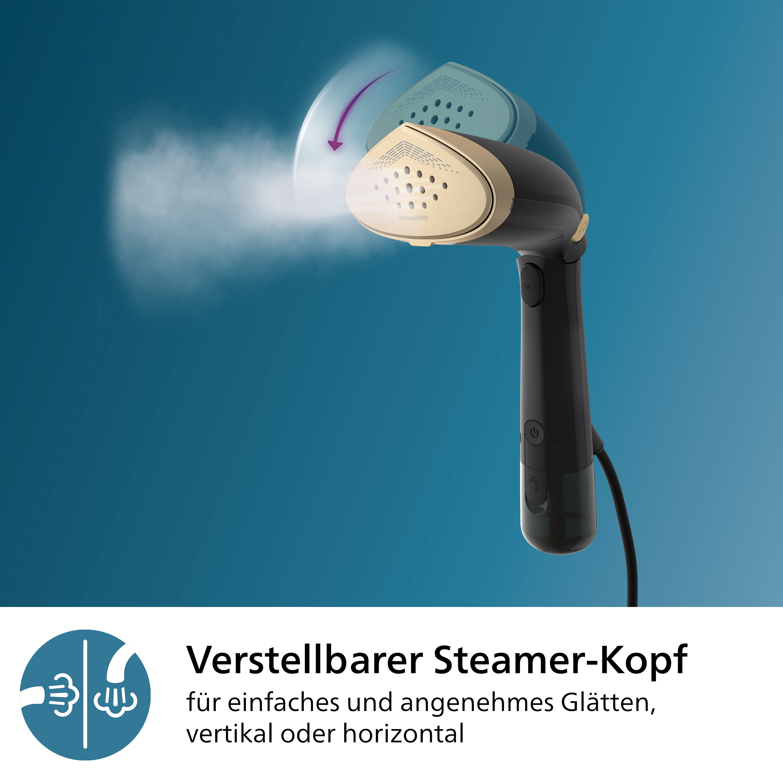 Dampfbügeleisen mit Dampf. Text: Verstellbarer Dampfbügelkopf für einfaches Bügeln.