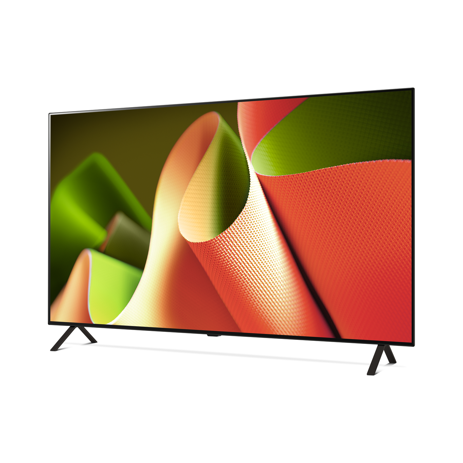 Een grote flatscreen tv toont abstracte kunst met rode, groene en gele rondingen. De tv staat op zwarte poten tegen een witte achtergrond.