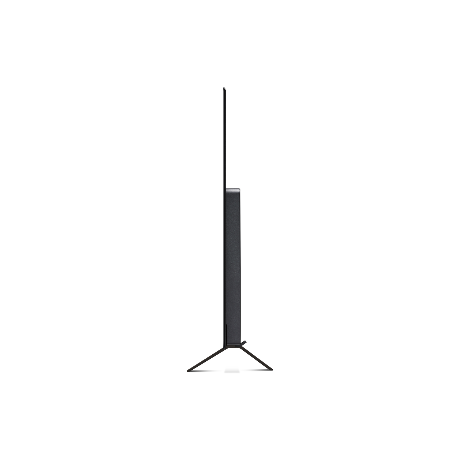 Zijaanzicht van een zwarte LG OLED TV op een standaard. Zeer dun scherm.
