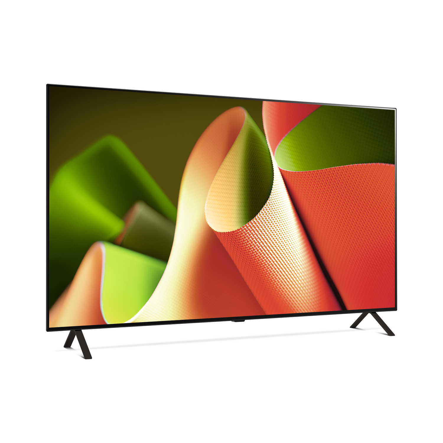 Een moderne flatscreen-tv met een levendige abstracte kunstweergave, tegen een witte achtergrond.