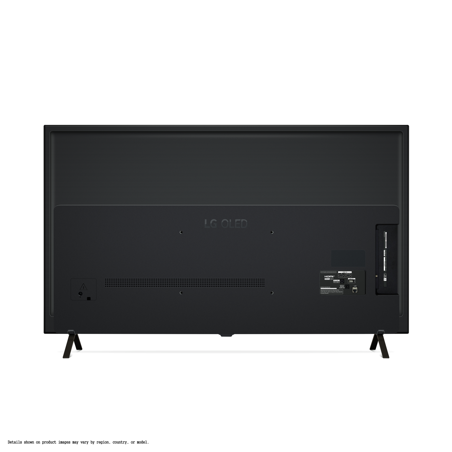 Achteraanzicht van een zwarte LG OLED TV, met zichtbare poorten en standaard, tegen een witte achtergrond.