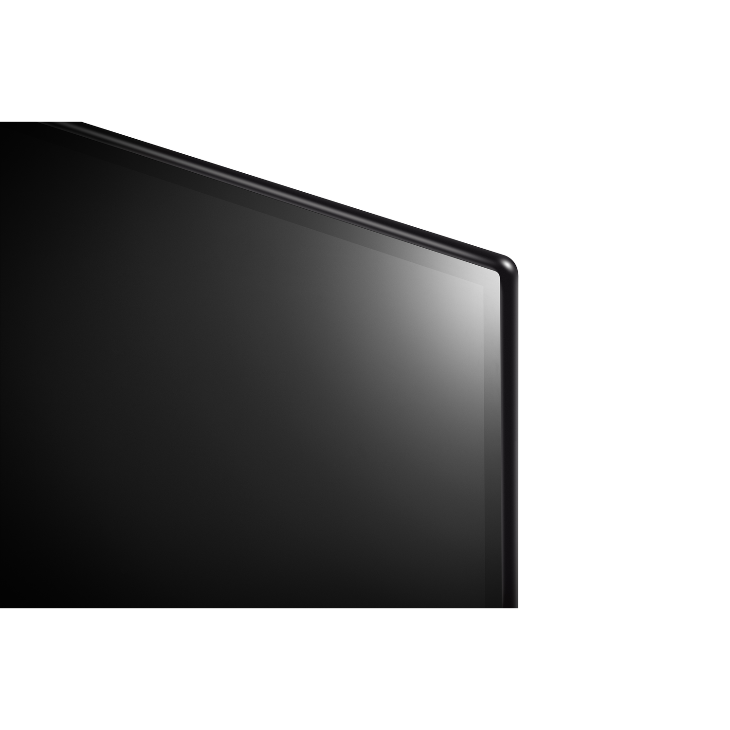 Close-up van een zwarte tv-schermhoek met dun frame, witte achtergrond.
