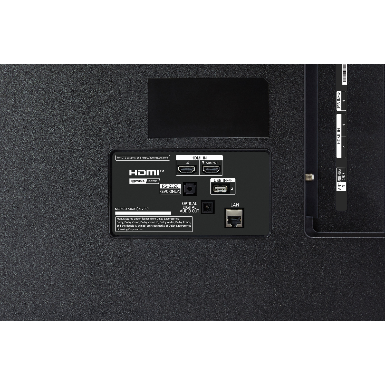 Achterkant van een zwarte tv met poorten en labels, waaronder HDMI en USB. De tv staat uit.